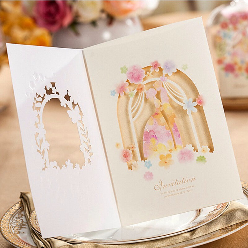 Vertical Laser Cut Engagement Wedding Invitation with Colorful Flower Flora - DorisHome