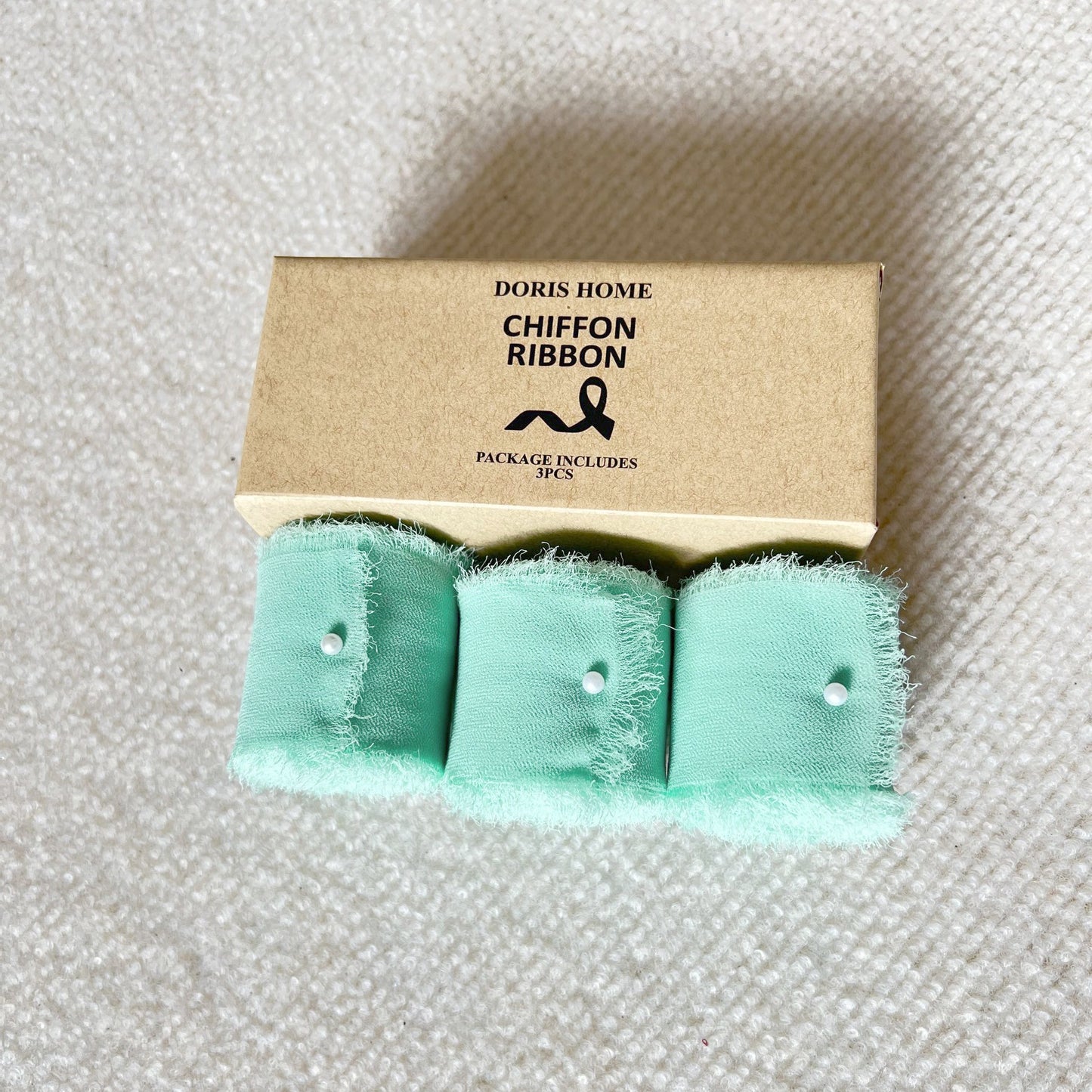 DORIS HOME Handmade Fringe Chiffon Silk-Like Ribbon 2" x 7Yd Set of 3 Rolls Ribbons for Wedding Invitations, Bouquets, Gift Wrapping (3 Rolls Mint Green)