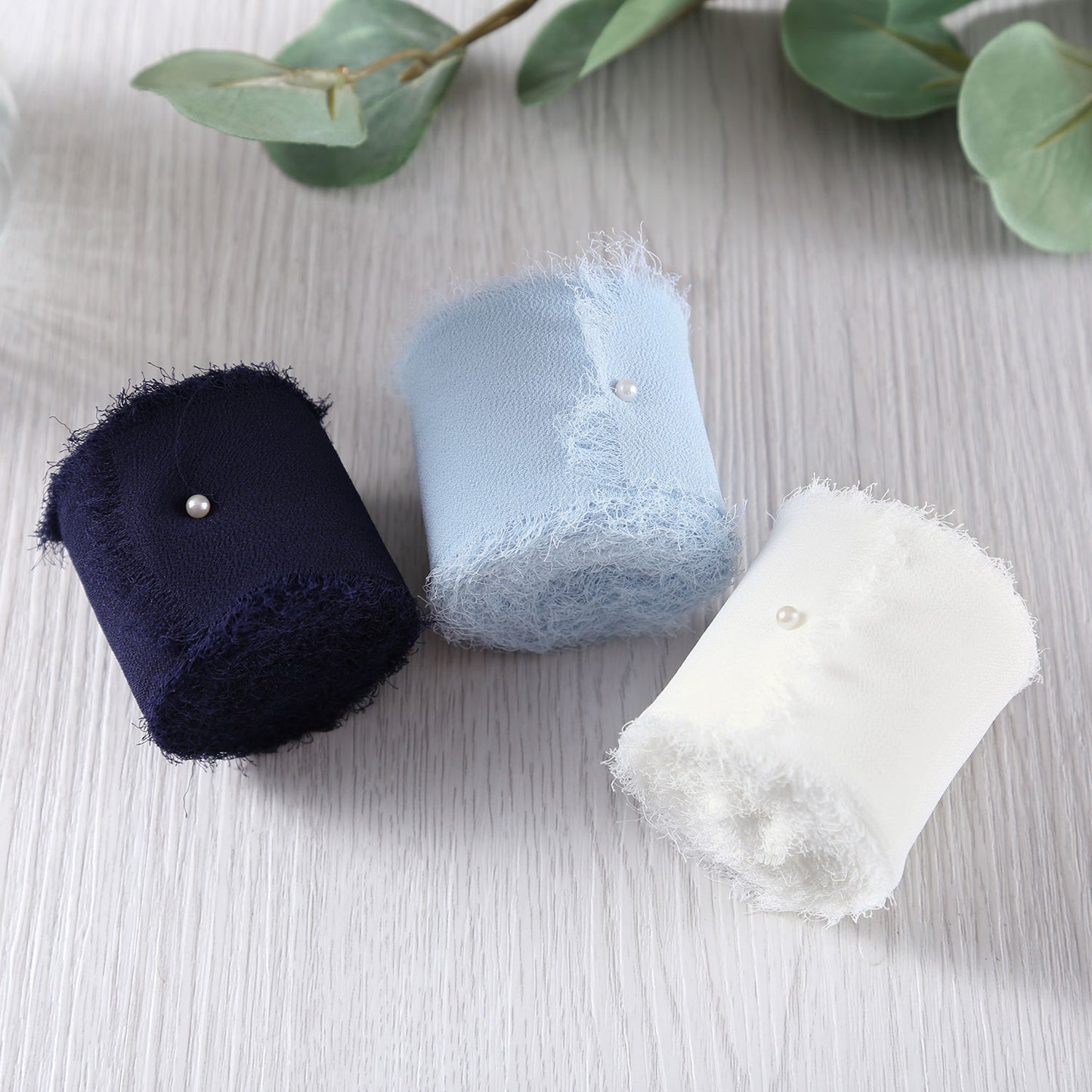 Handmade Fringe Chiffon Silk-Like Ribbon 2" x 7Yd Set of 3 Rolls Ribbons for Wedding Invitations, Bouquets, Gift Wrapping (3 Rolls Dark Navy Blue/Baby Blue/Ivory)