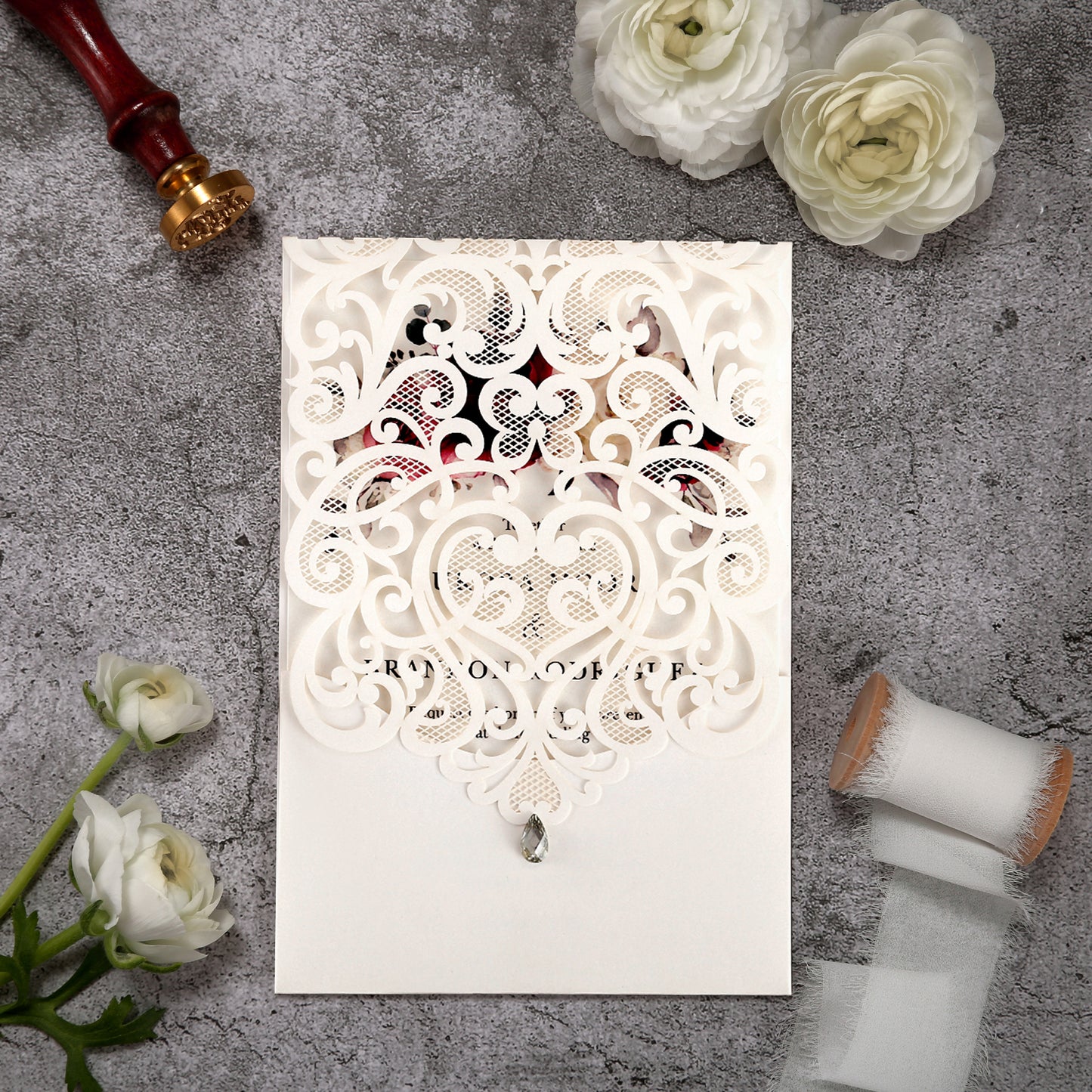Vertical Burgundy Floral Laser cut invitations for Wedding Anniversary