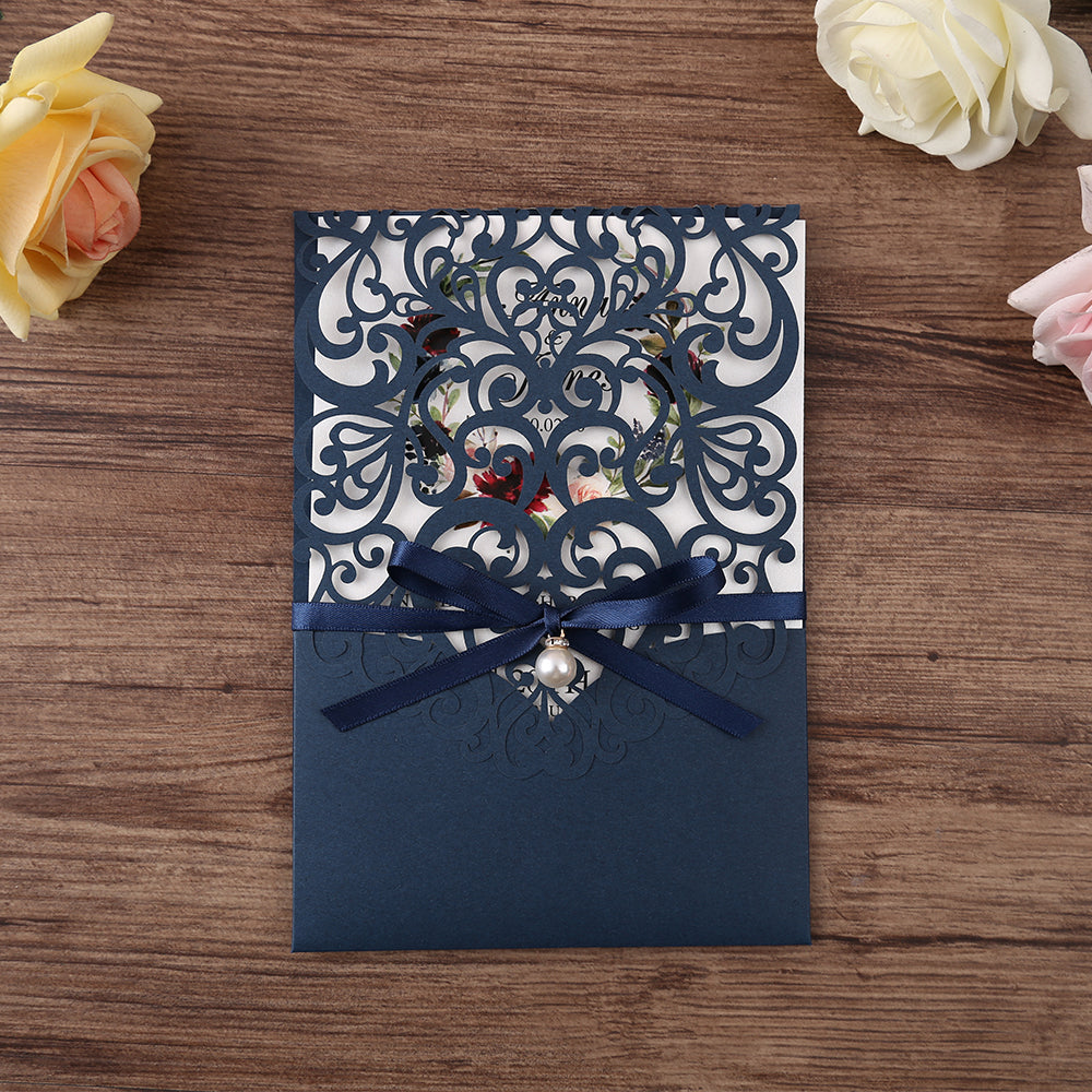 Navy Blue Pearl Pendant Floral Laser cut invitation cards for Wedding Anniversary - DorisHome