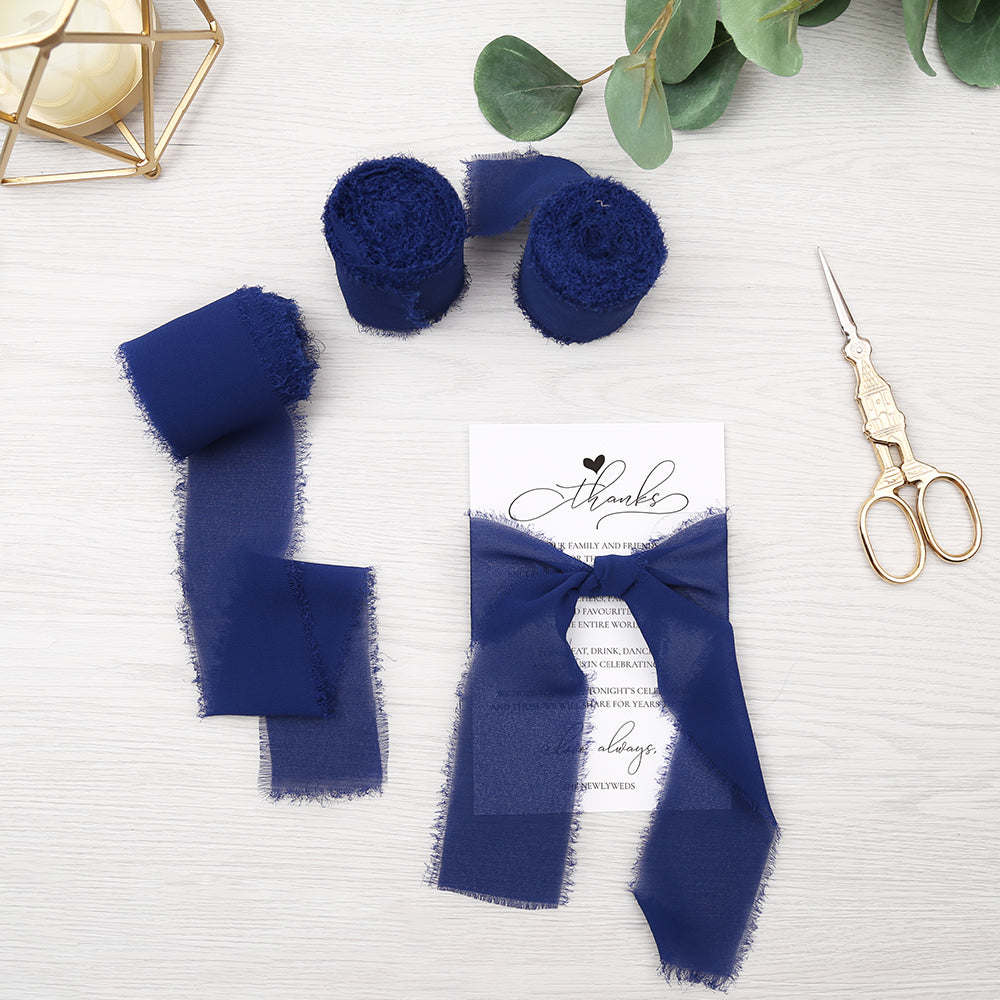 Handmade Fringe Chiffon Silk-Like Ribbon 2" x 7Yd Set of 3 Rolls Ribbons for Wedding Invitations, Bouquets, Gift Wrapping (3 Rolls Navy Blue) - DorisHome