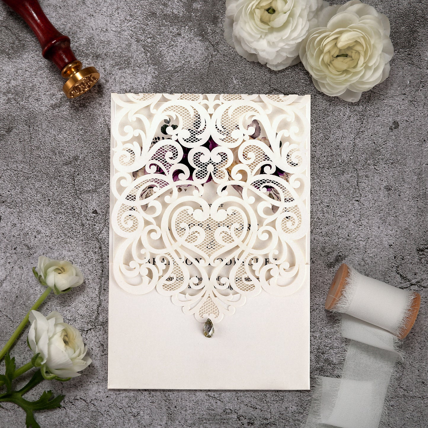 Vertical Purple Floral Laser cut invitations for Wedding Anniversary