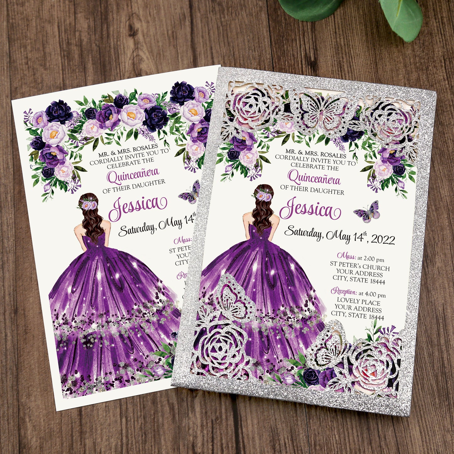 Silver with Hollow Butterflies Invitations Greeting Cards For Quinceanera