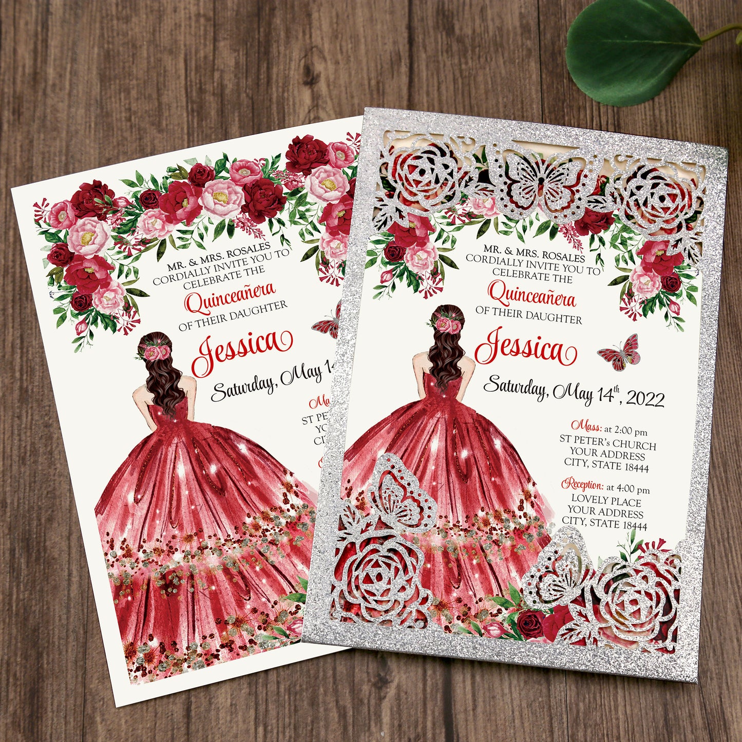 Silver with Hollow Butterflies Invitations Greeting Cards For Quinceanera