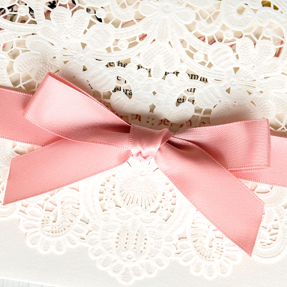 White Hollow Flora Laser Cut Invitations with Gold Glitter Border and Pink Ribbons for wedding,bridal shower - DorisHome