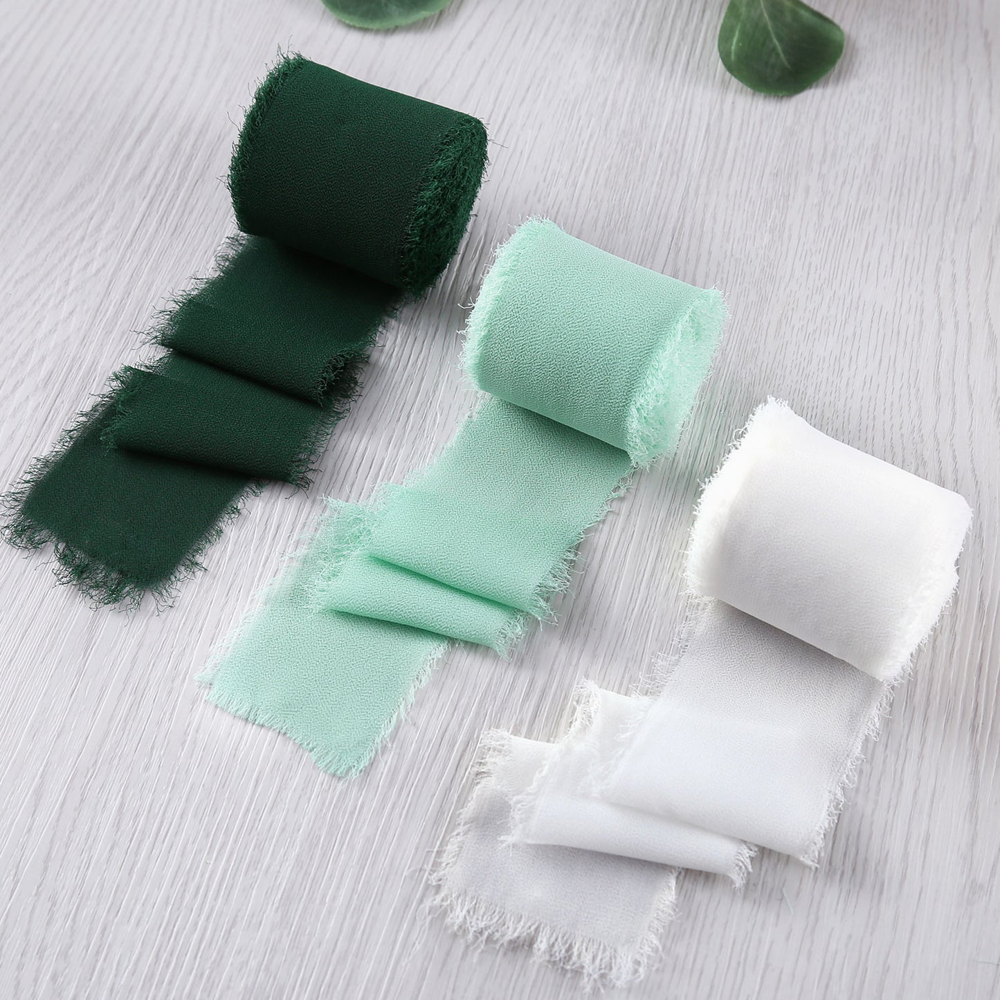 Handmade Fringe Chiffon Silk-Like Ribbon 2" x 7Yd Set of 3 Rolls Ribbons for Wedding Invitations, Bouquets, Gift Wrapping (3 Rolls Dark Green/Mint/Ivory)