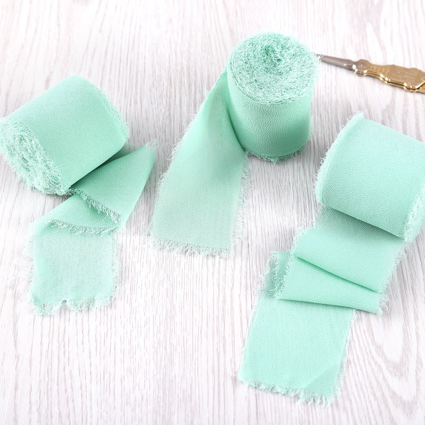 DORIS HOME Handmade Fringe Chiffon Silk-Like Ribbon 2" x 7Yd Set of 3 Rolls Ribbons for Wedding Invitations, Bouquets, Gift Wrapping (3 Rolls Mint Green)