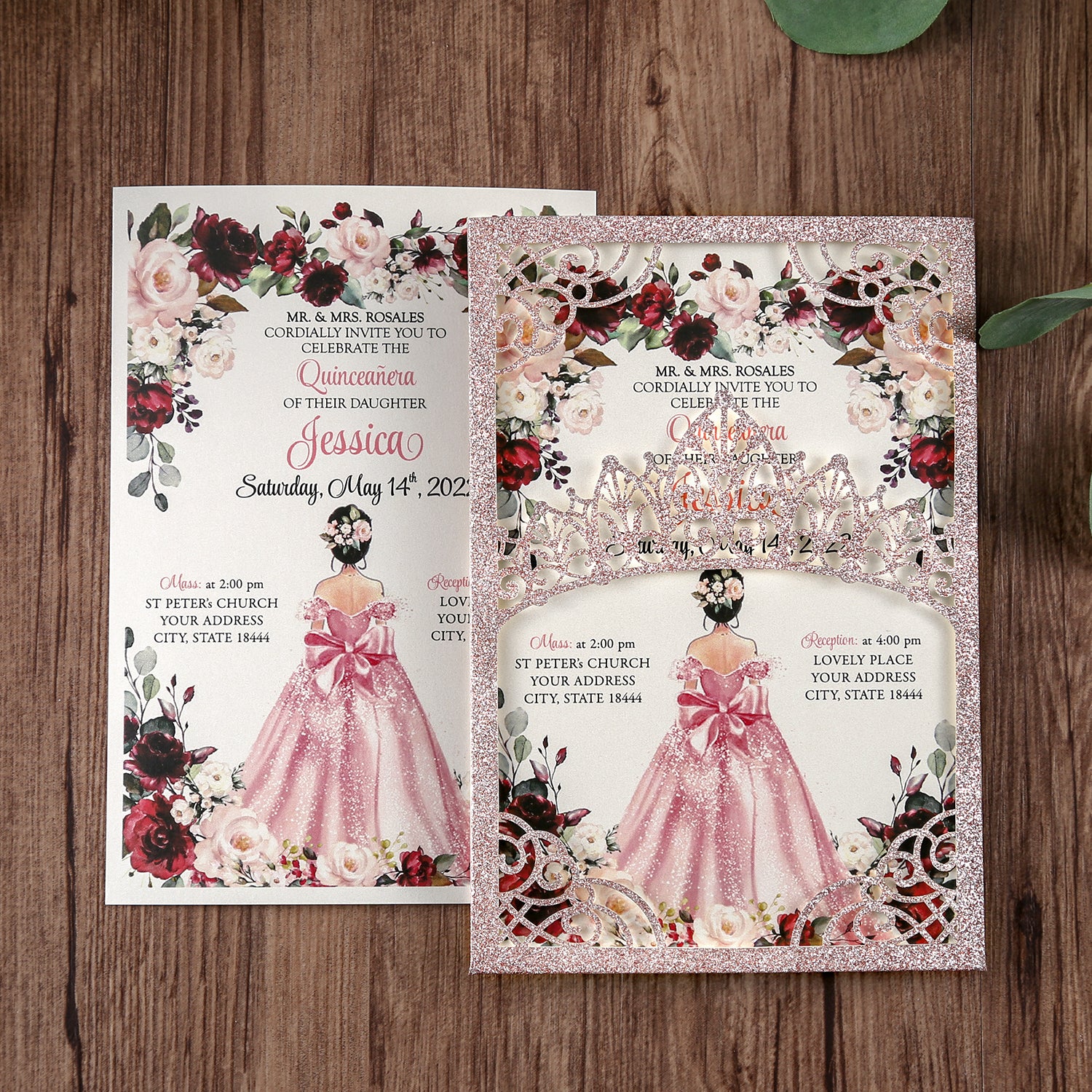 Rose Gold Glitter Invitations Greeting Cards For Quinceanera - DorisHome