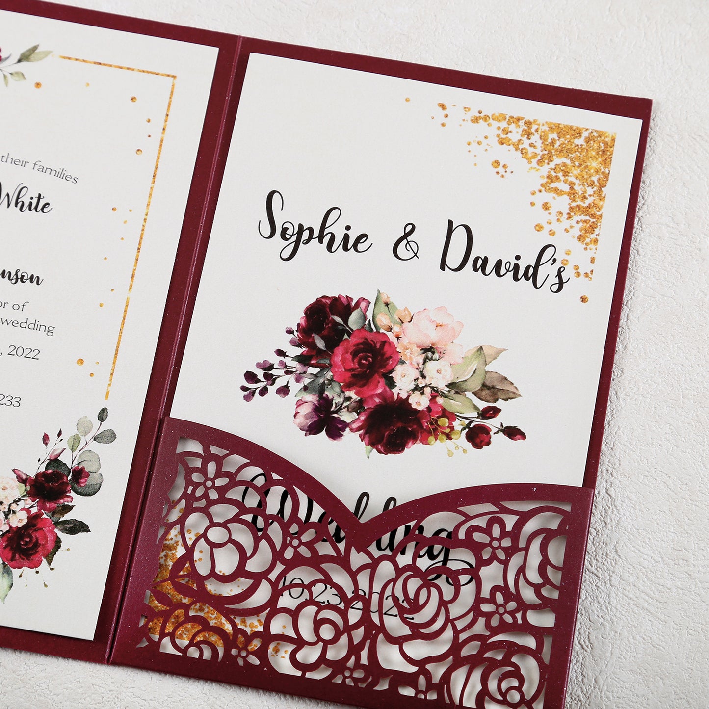 4.7 x7 inch Burgundy Laser Cut Hollow Rose Wedding Invitations Cards with Pearlized Pockets and Envelopes for Wedding Bridal Shower - DorisHome