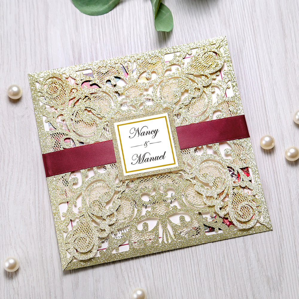 Square Glitter Gold Wedding Invitations with Burgundy Ribbon Belly Band for Wedding - DorisHome