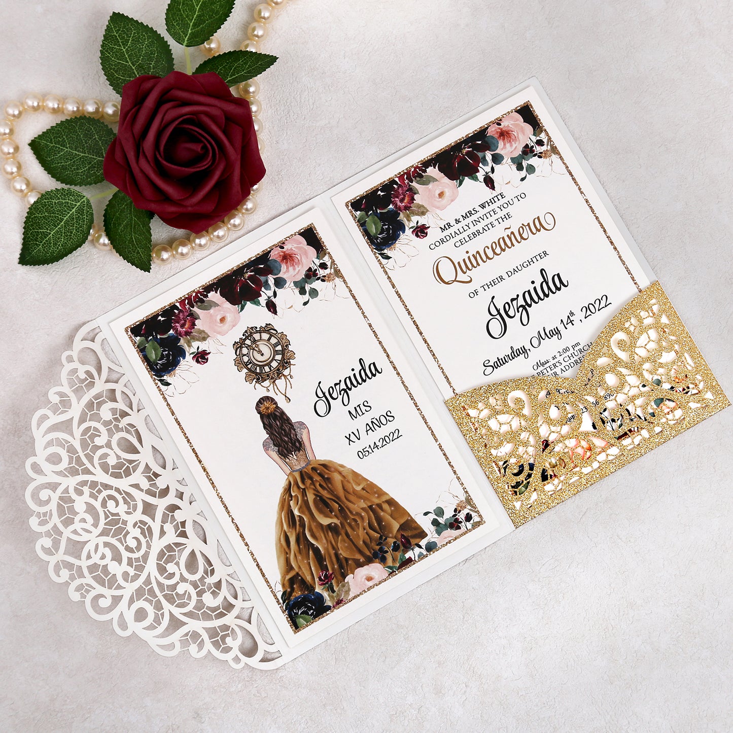4.7 x7 inch Gold Glitter Laser Cut Hollow Rose Quinceanera Invitations Cards with Envelopes for Quinceanera Party