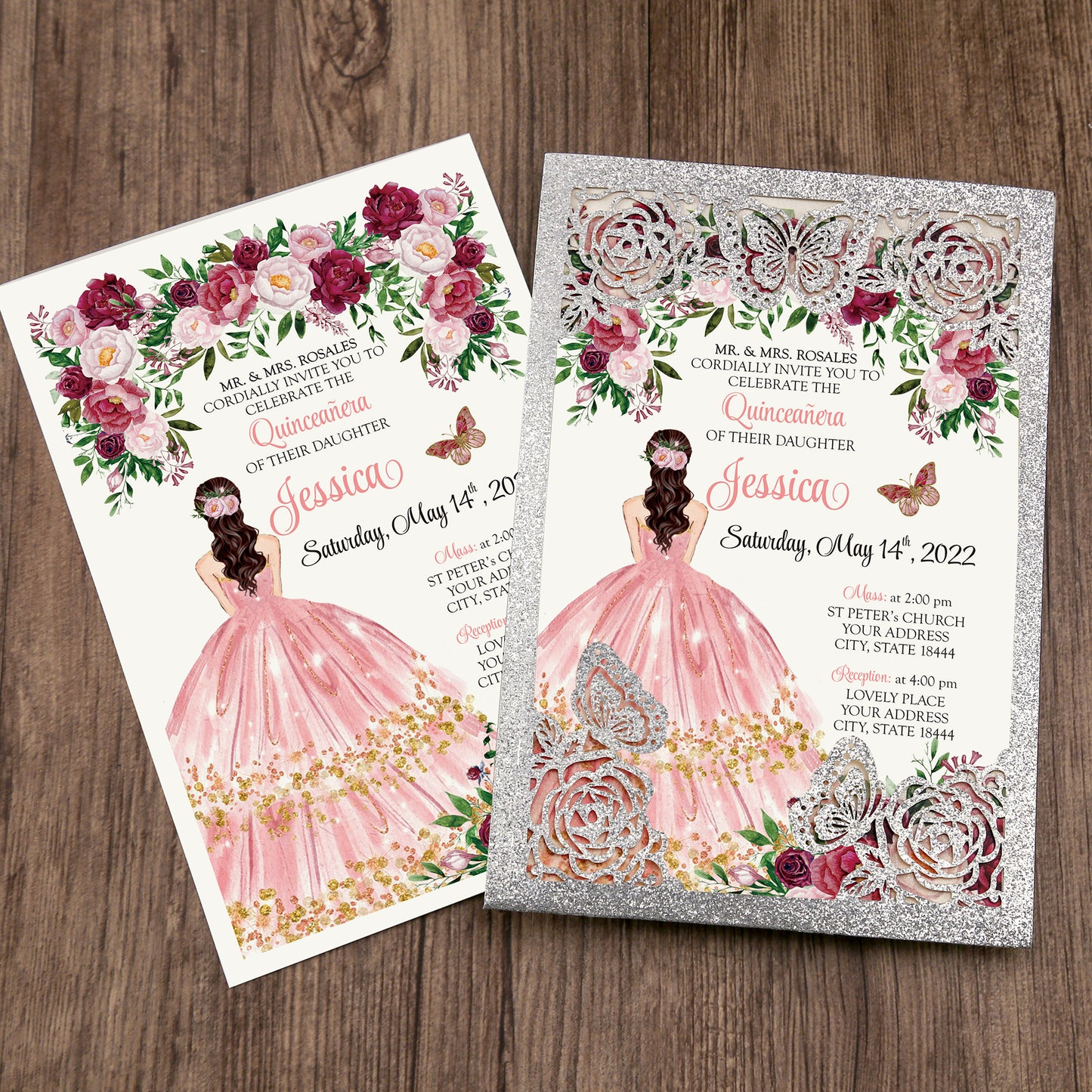 Silver with Hollow Butterflies Invitations Greeting Cards For Quinceanera