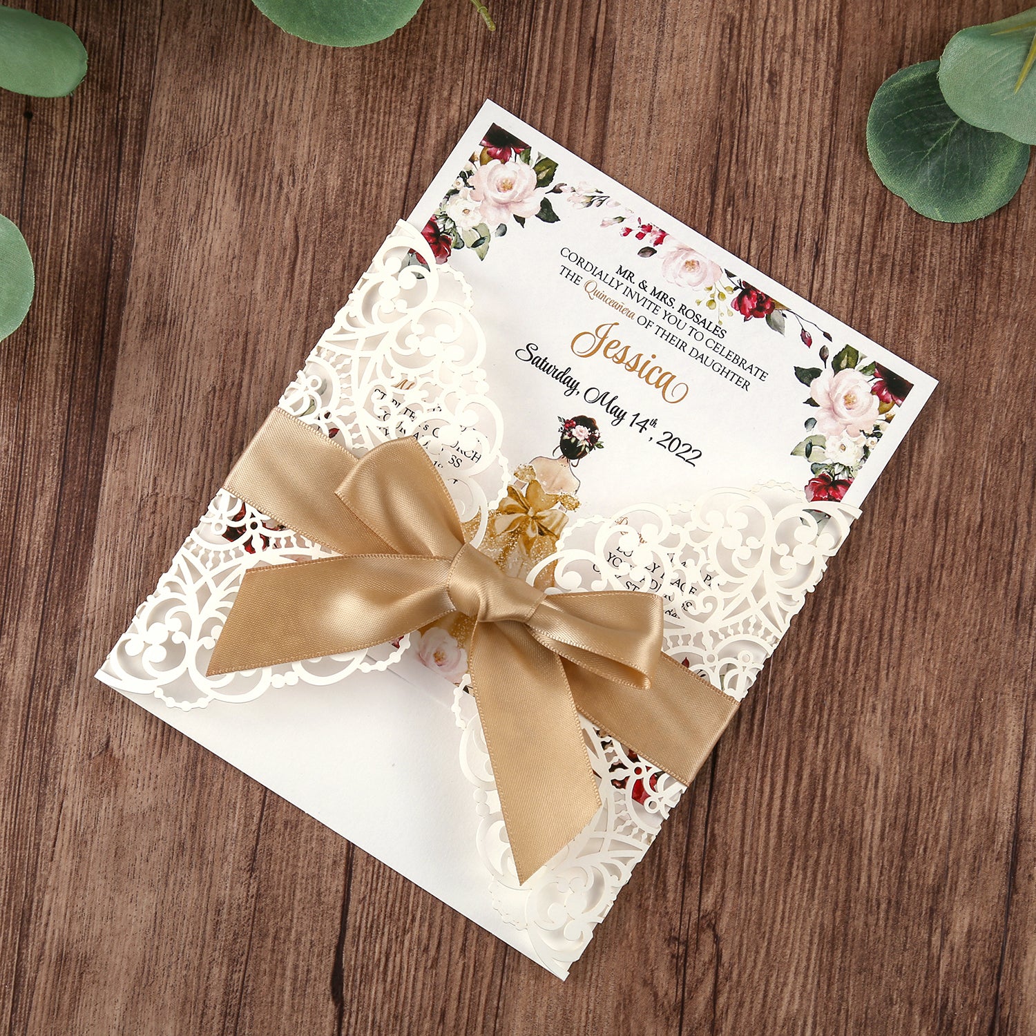 Square Wedding Invitations Cards with Gold Ribbon For Quinceanera - DorisHome