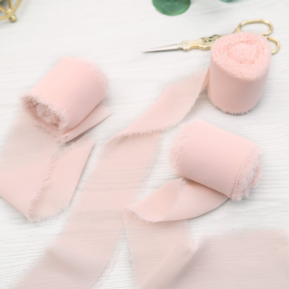 Handmade Fringe Chiffon Silk-Like Ribbon 2" x 7Yd Set of 3 Rolls Ribbons for Wedding Invitations, Bouquets, Gift Wrapping (3 Rolls Pink) - DorisHome