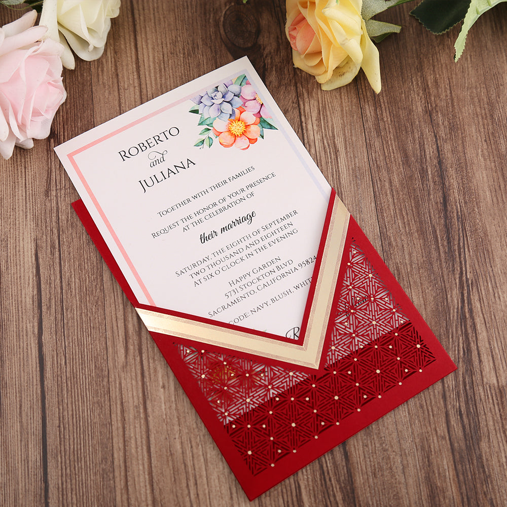 Red Floral Laser cut invitation cards for Wedding, Anniversary - DorisHome