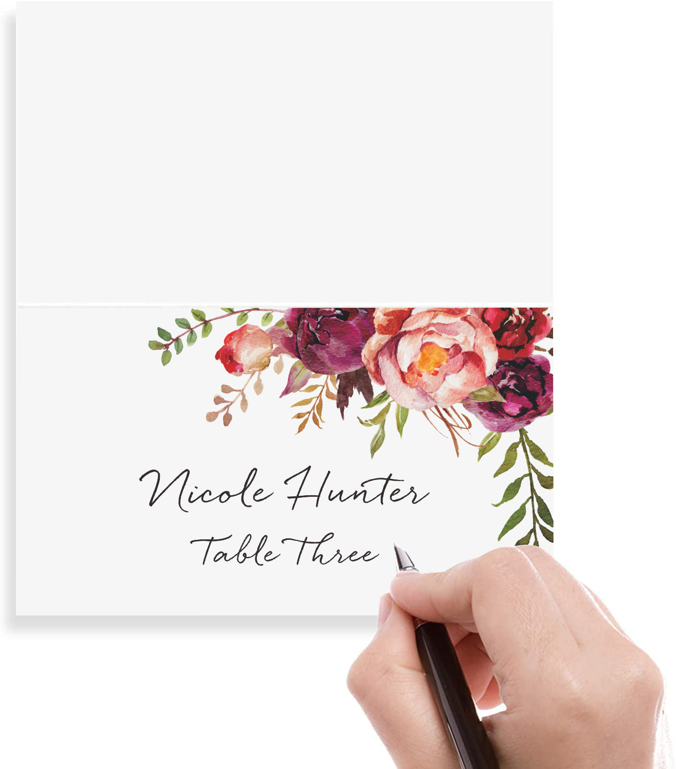 Floral Place Cards for Wedding or Party, Seating Place Cards for Tables, Scored for Easy Folding, Burgundy Flower Design, 2 x 3.5 Inches