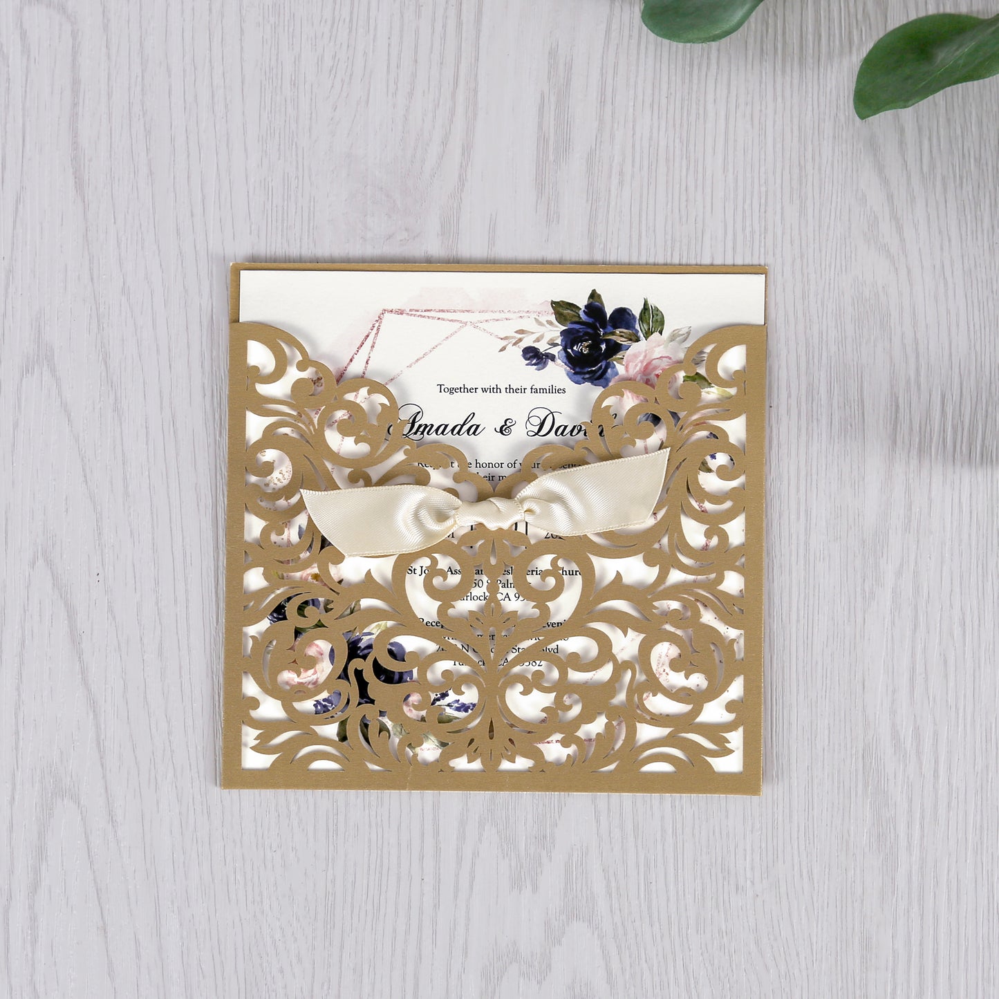 Gold Laser Cut Beige Ribbon Wedding Invitation