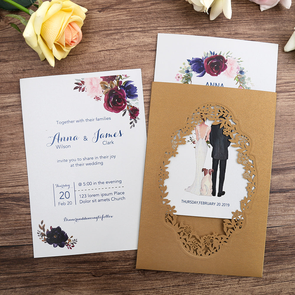 Pocket Gold Wedding Invitations Greeting Cards - DorisHome