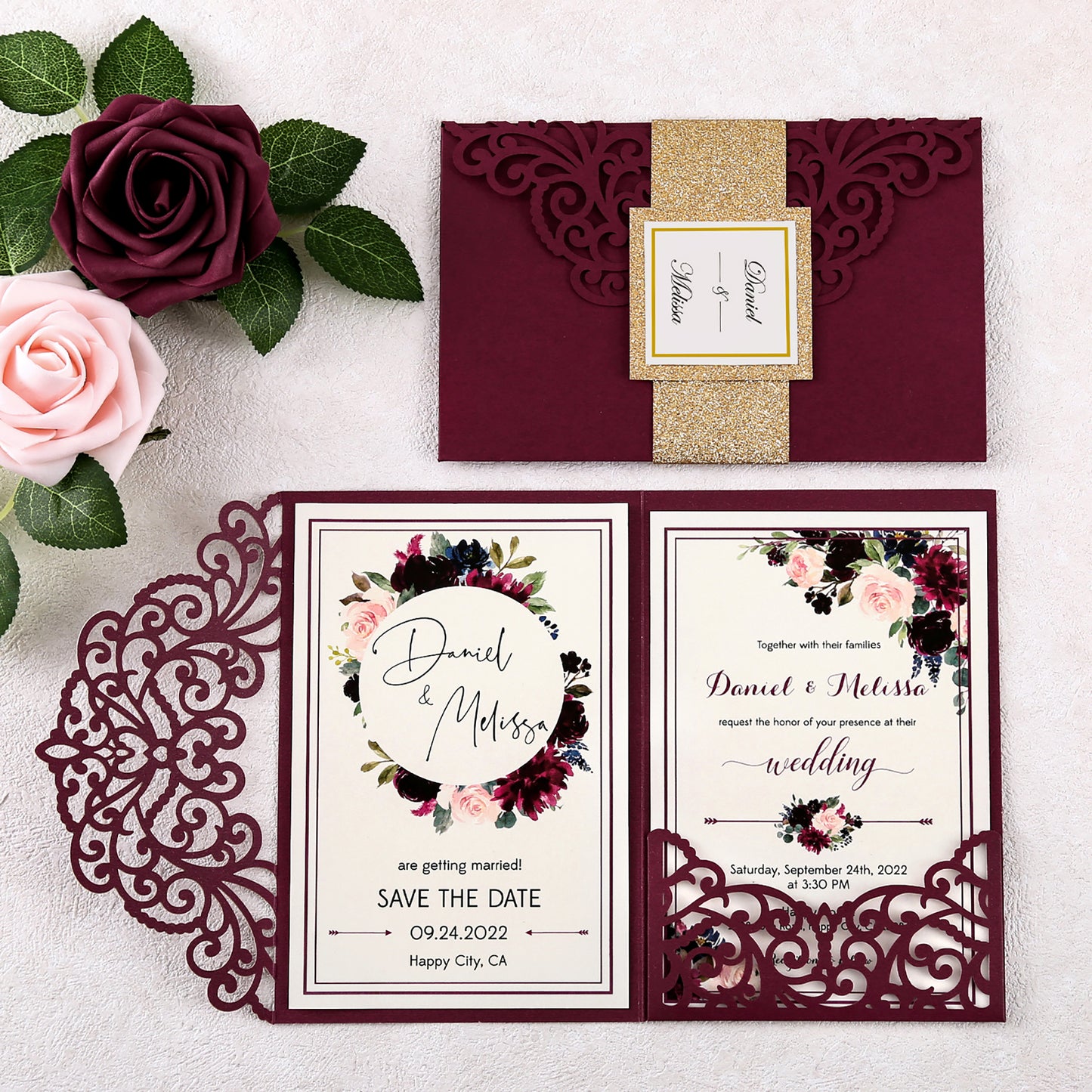 DreamBuilt 4.7 x7 inch Burgundy Laser Cut Wedding Invitations With Envelopes Kit Hollow Rose Pocket And Gold Glitter Belly Band for Wedding Bridal Shower Engagement Invite