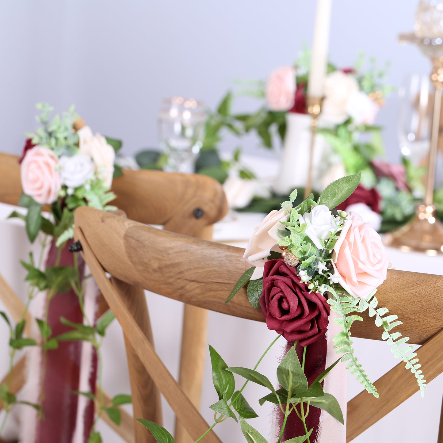 Wedding Aisle Decorations Burgundy Pew Flowers Set of 10 for Wedding Ceremony Party Chair Decor with Artificial Flowers Eucalyptus and Ribbons