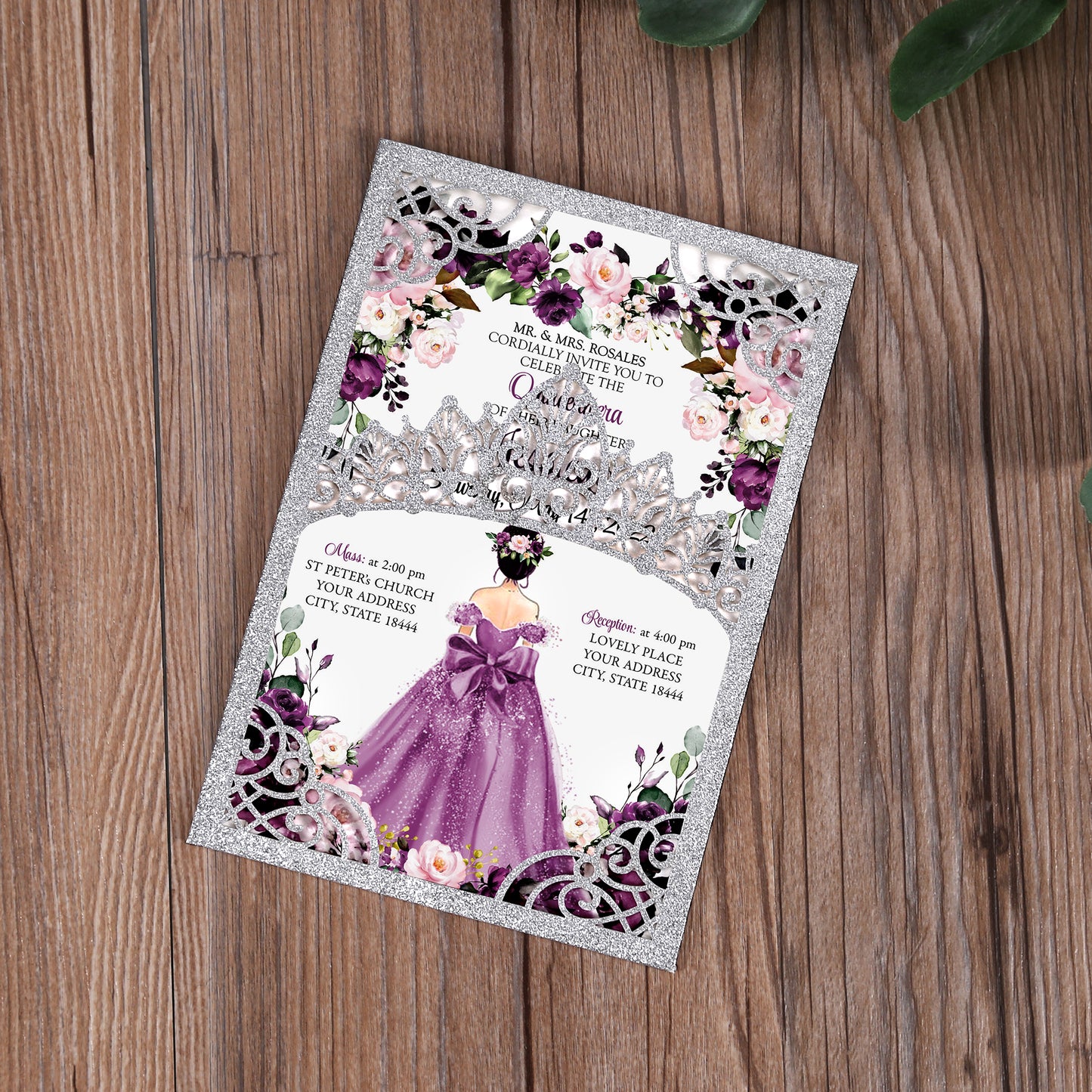 DreamBuilt Silver Glitter Invitations Purple Greeting Cards For Quinceanera