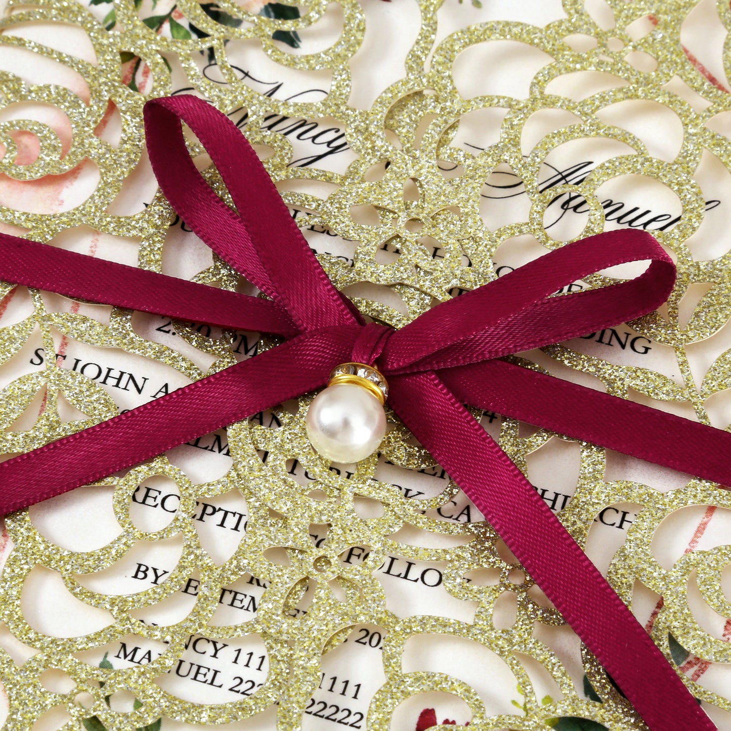 Gold Glitter Floral Laser cut invitation cards with Burgundy Ribbon and Pearl for Wedding Anniversary