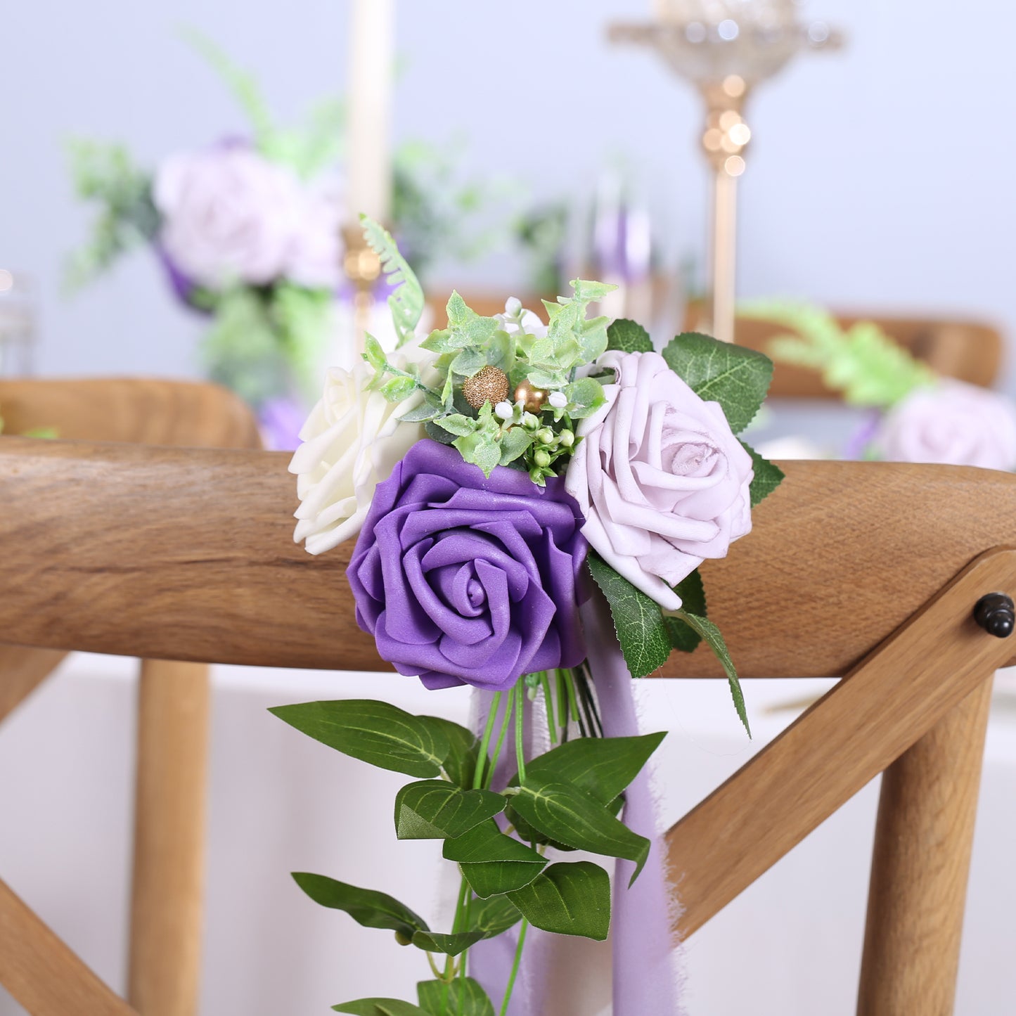 Wedding Aisle Decorations Purple Pew Flowers Set of 10 for Wedding Ceremony Party Chair Decor with Artificial Flowers Eucalyptus and Ribbons