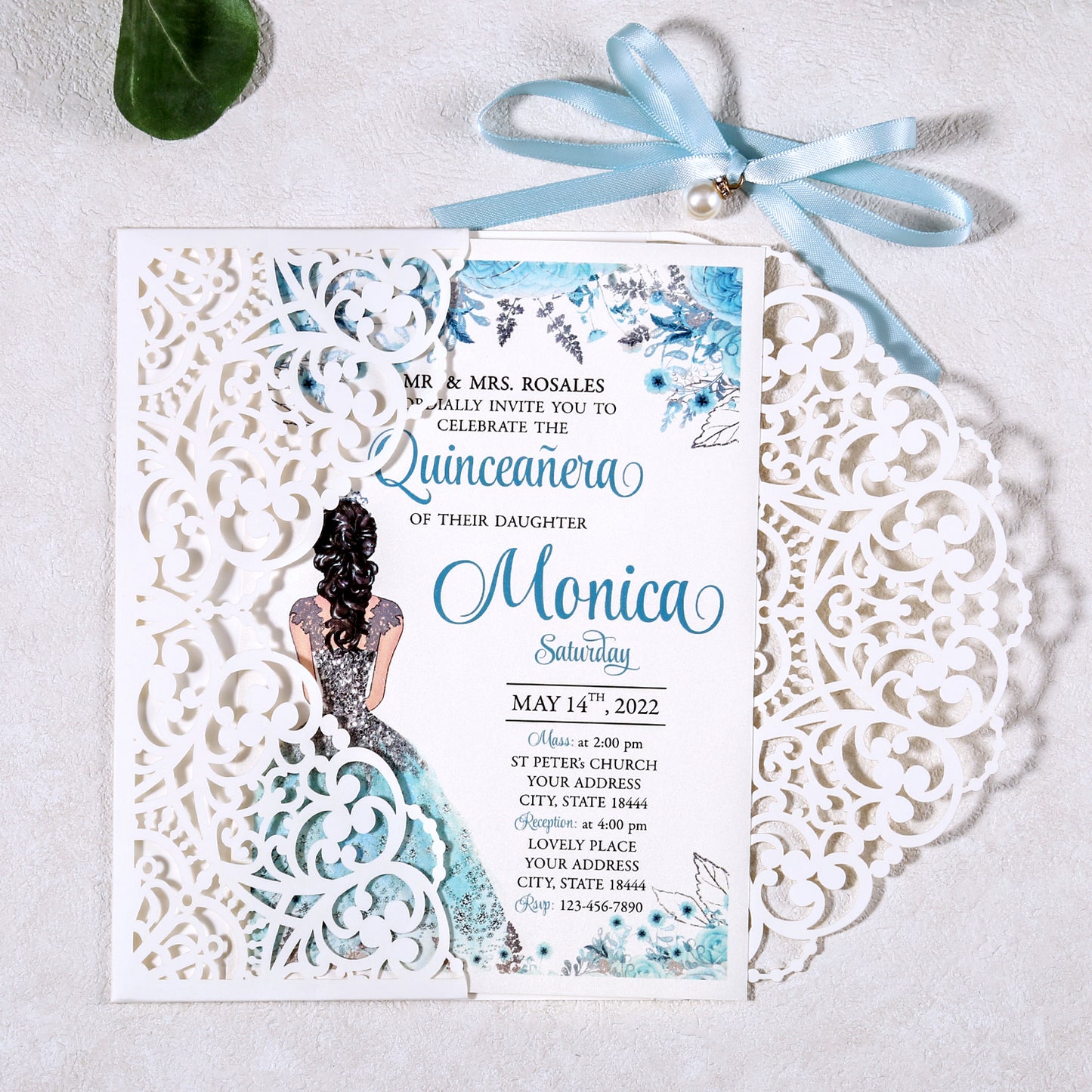 5 X 7.2" Laser Cut Hollow Rose Wedding invitations Cards With Blue Ribbon And Envelopes For Quinceanera Sweet 15 Invite - DorisHome