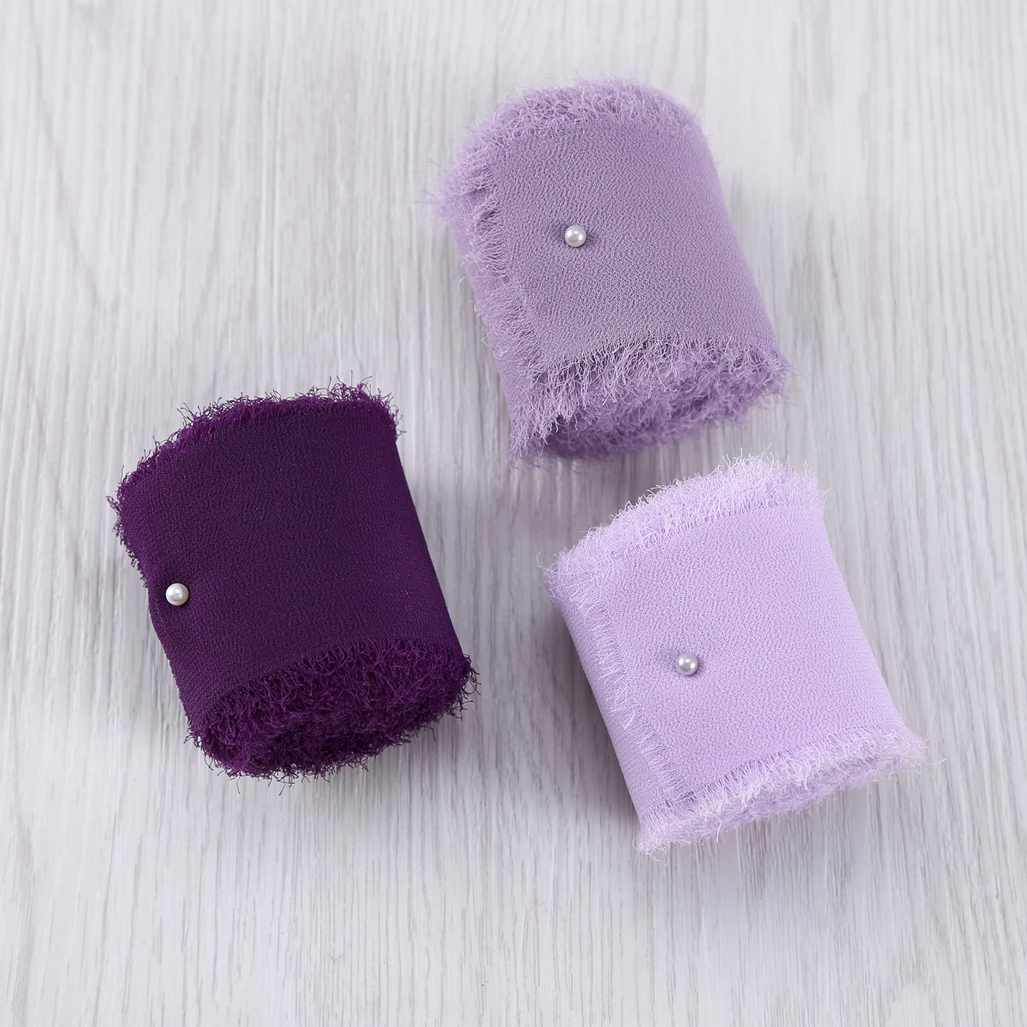 Handmade Fringe Chiffon Silk-Like Ribbon 2" x 7Yd Set of 3 Rolls Ribbons for Wedding Invitations, Bouquets, Gift Wrapping (3 Rolls Plum/Pastel Purple/Lavender)