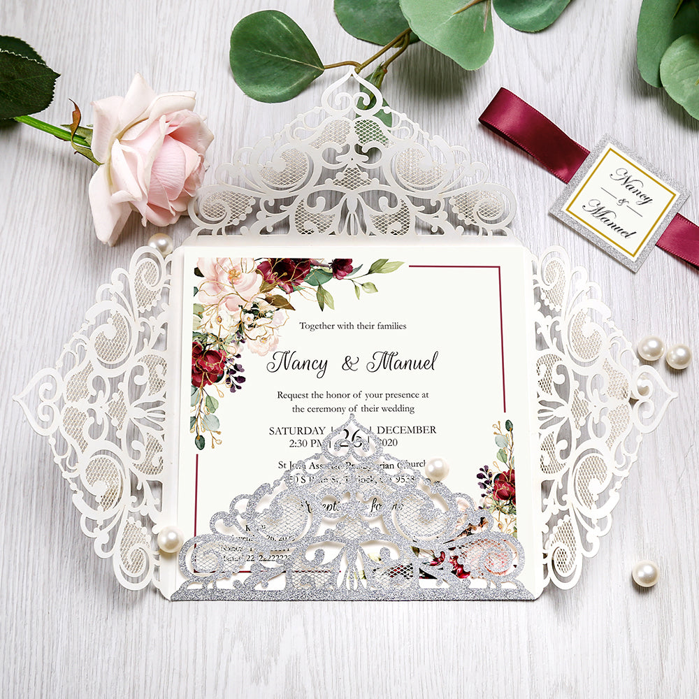 Square Glitter Sliver Wedding Invitations with Burgundy Ribbon Belly Band for Wedding - DorisHome