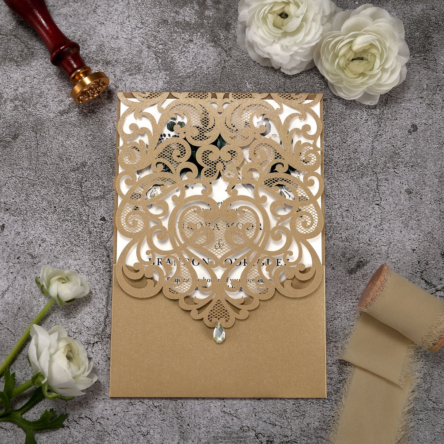 Vertical Green Floral Laser cut invitations for Wedding Anniversary