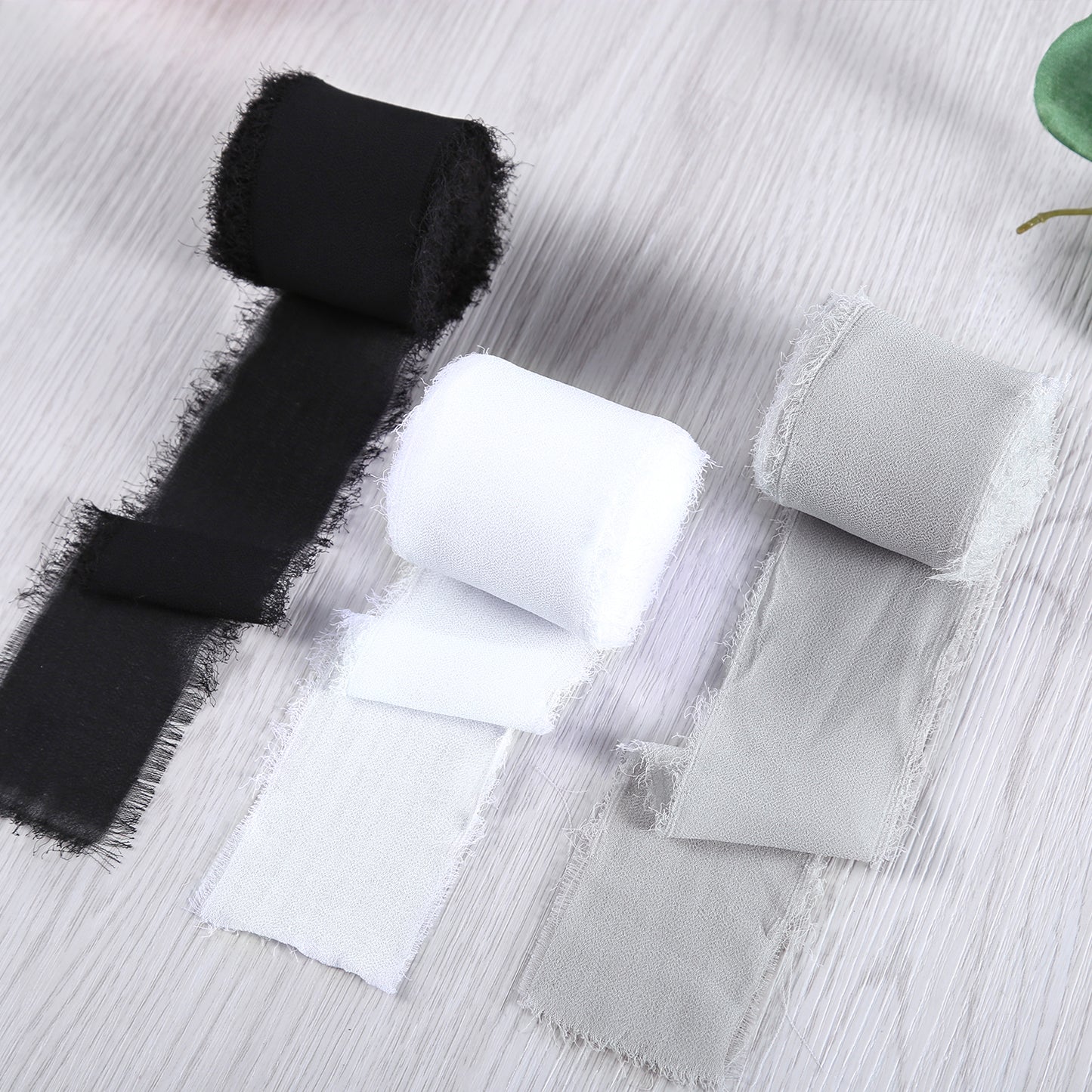 Handmade Fringe Chiffon Silk-Like Ribbon 2" x 7Yd Set of 3 Rolls Ribbons for Wedding Invitations, Bouquets, Gift Wrapping (3 Rolls Black/White/Light Grey)