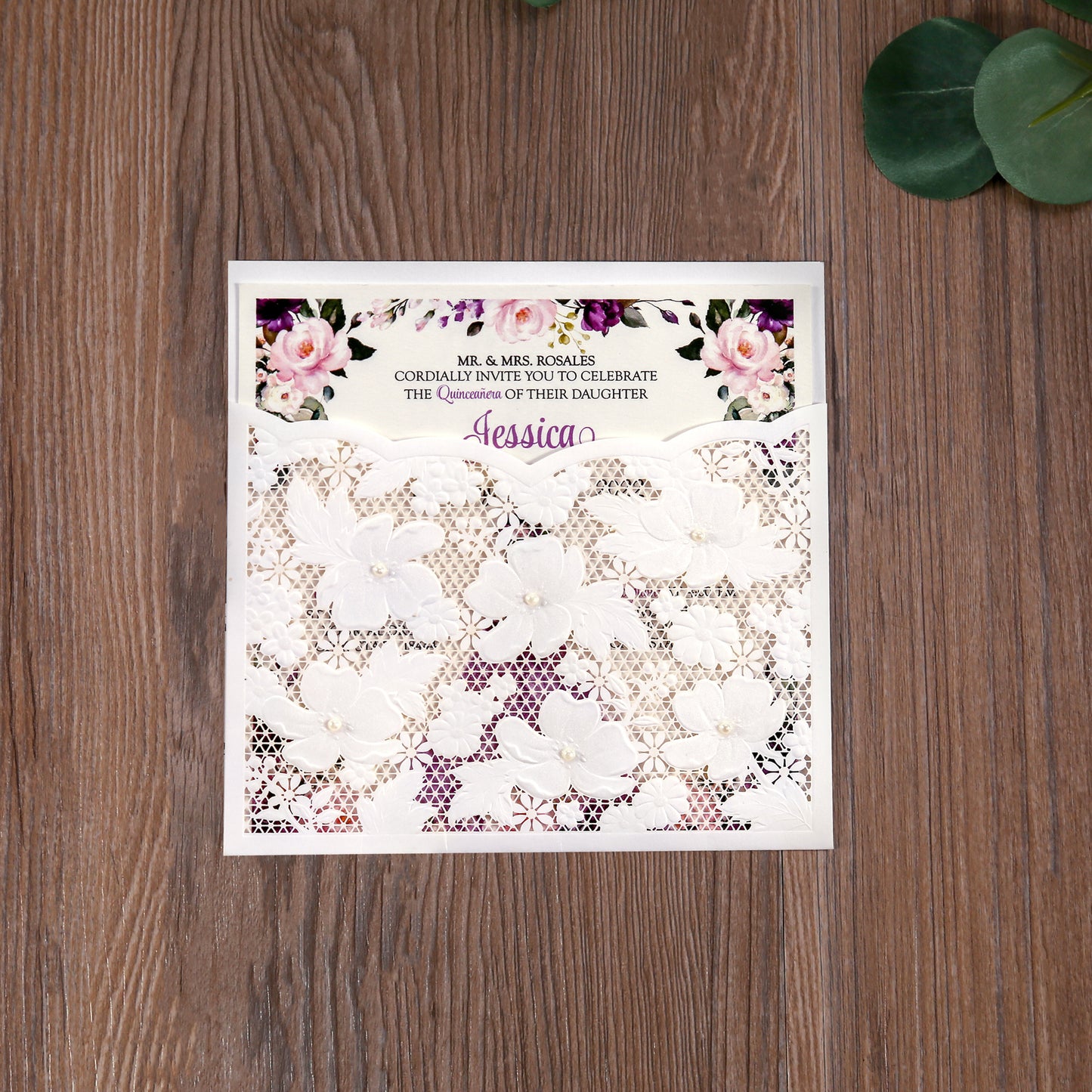Ivory White Small Pearl Lace Invitations with Purple Design for Quinceanera