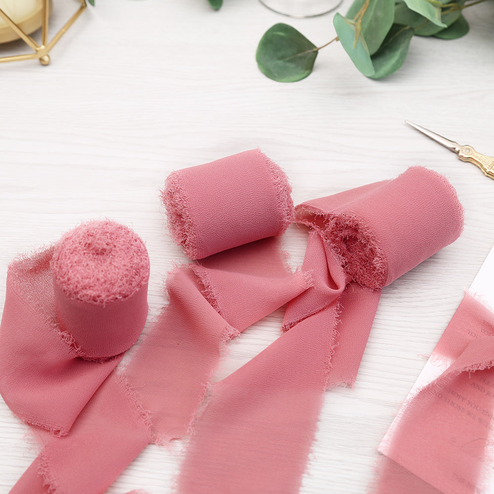 Handmade Fringe Chiffon Silk-Like Ribbon 2" x 7Yd Set of 3 Rolls Ribbons for Wedding Invitations, Bouquets, Gift Wrapping (3 Rolls Dusty Rose) - DorisHome