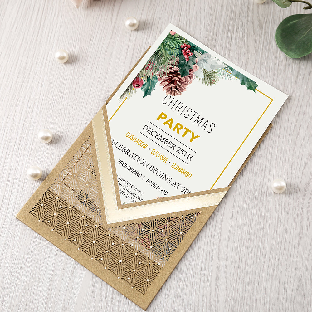 Gold Floral Laser cut invitation cards for Wedding, Anniversary, Quinceanera - DorisHome