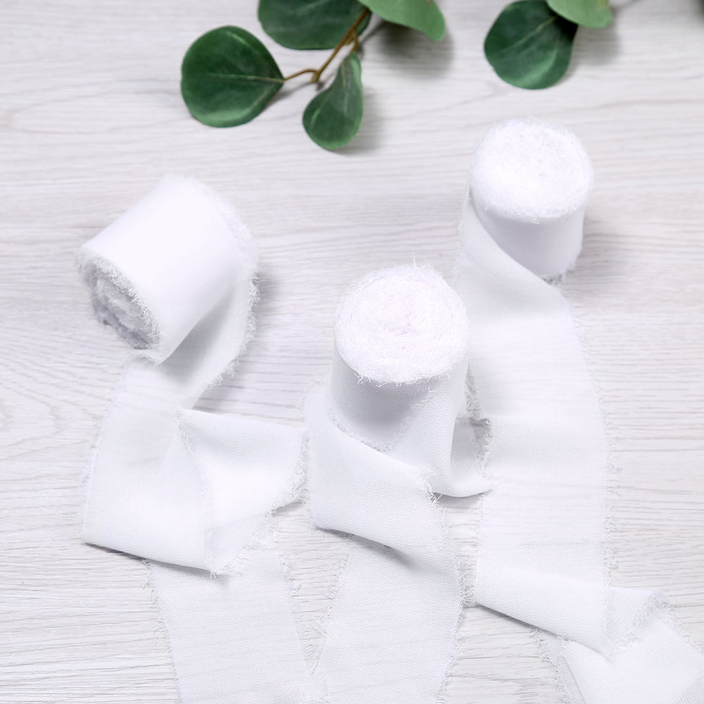 Handmade Fringe Chiffon Silk-Like Ribbon 2" x 7Yd Set of 3 Rolls Ribbons for Wedding Invitations, Bouquets, Gift Wrapping (3 Rolls White) - DorisHome