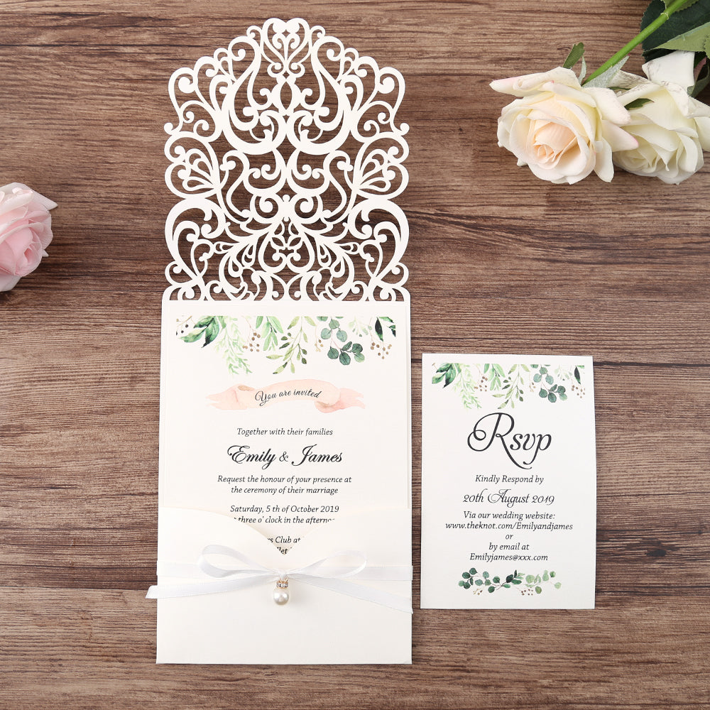 Vertical White Floral Laser cut invitations for Wedding Anniversary - DorisHome
