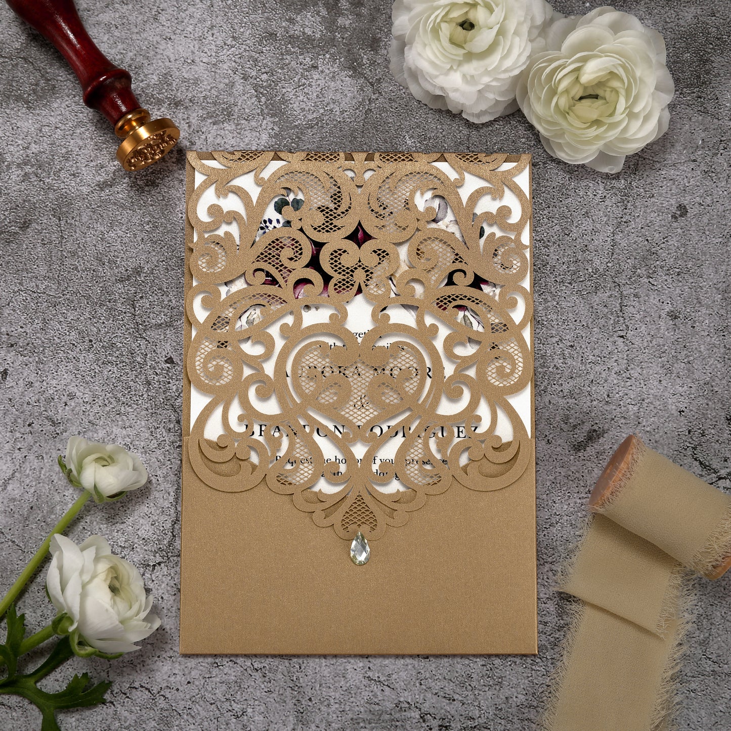 Vertical Burgundy Floral Laser cut invitations for Wedding Anniversary