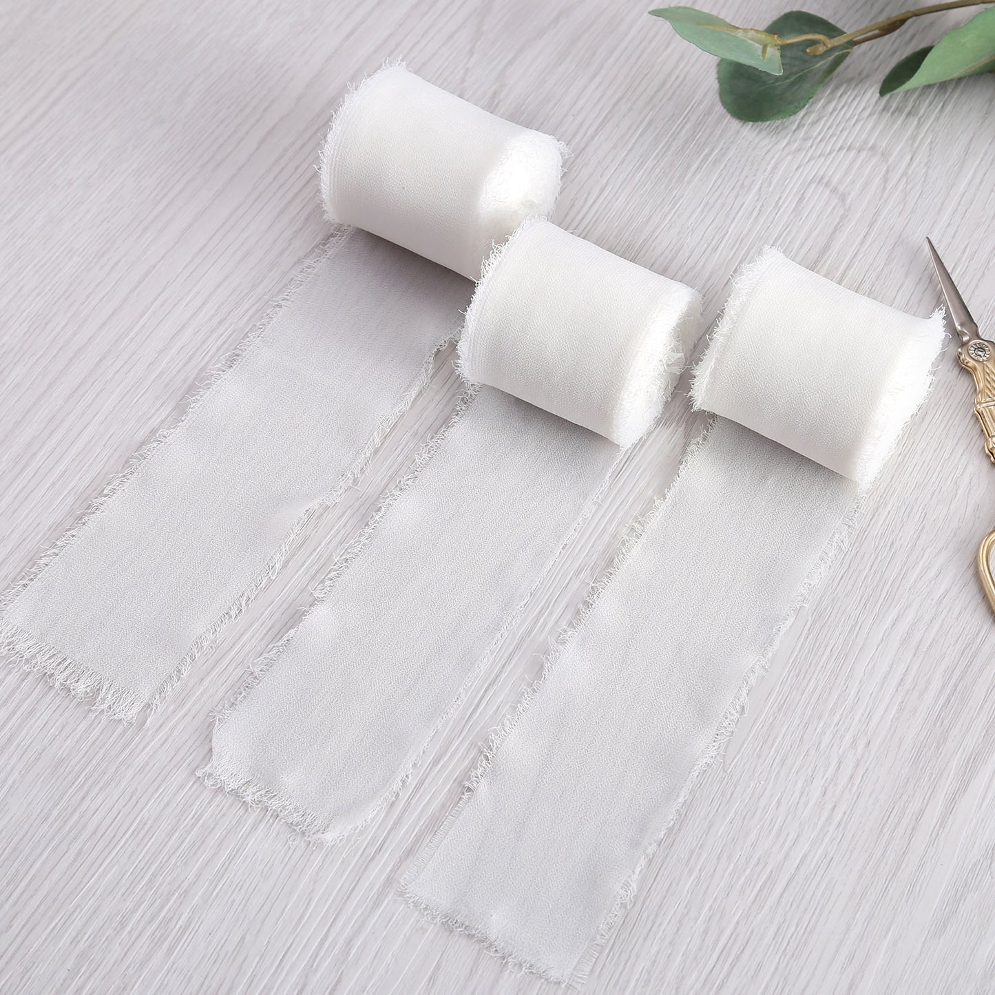 Handmade Fringe Chiffon Silk-Like Ribbon 2" x 7Yd Set of 3 Rolls Ribbons for Wedding Invitations, Bouquets, Gift Wrapping (3 Rolls Ivory)