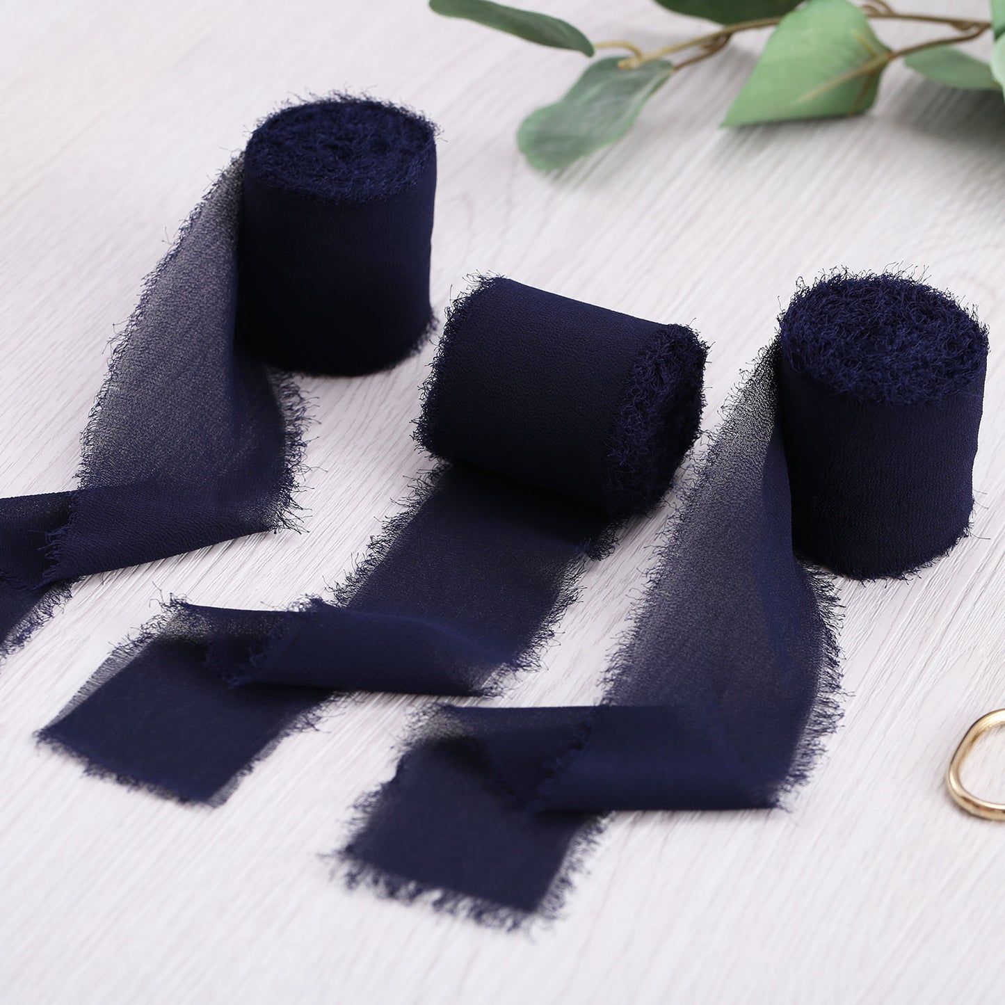 Handmade Fringe Chiffon Silk-Like Ribbon 2" x 7Yd Set of 3 Rolls Ribbons for Wedding Invitations, Bouquets, Gift Wrapping (3 Rolls Dark Navy Blue)