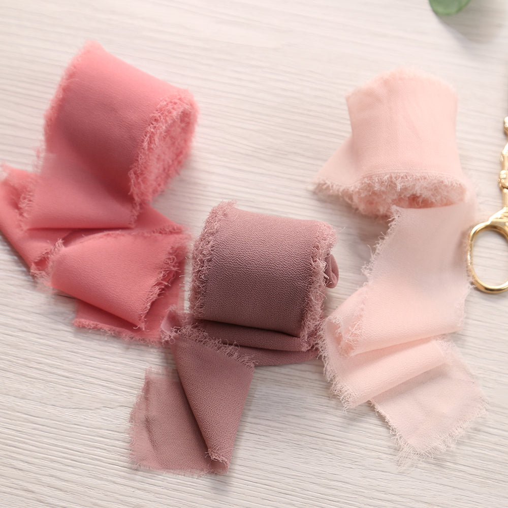 Handmade Fringe Chiffon Silk-Like Ribbon 2" x 7Yd Set of 3 Rolls Ribbons for Wedding Invitations, Bouquets, Gift Wrapping (3 Rolls Dusty Rose/Mauve/Pink) - DorisHome