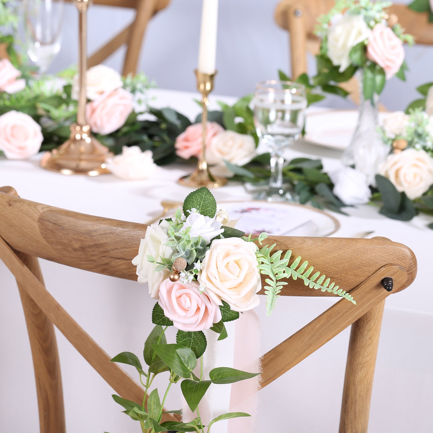 Wedding Aisle Decorations Pink Pew Flowers Set of 10 for Wedding Ceremony Party Chair Decor with Artificial Flowers Eucalyptus and Ribbons