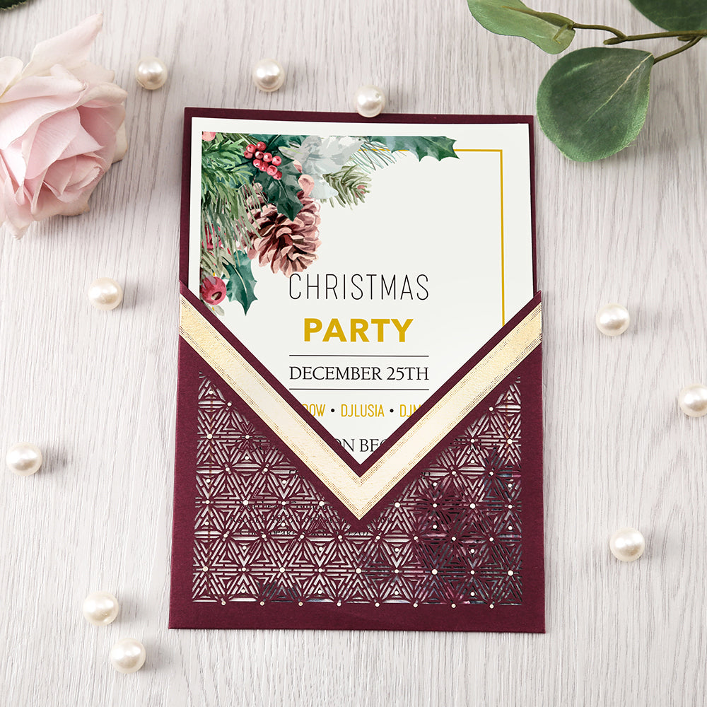 Burgundy Floral Laser cut invitation cards for Wedding, Anniversary, Quinceanera - DorisHome