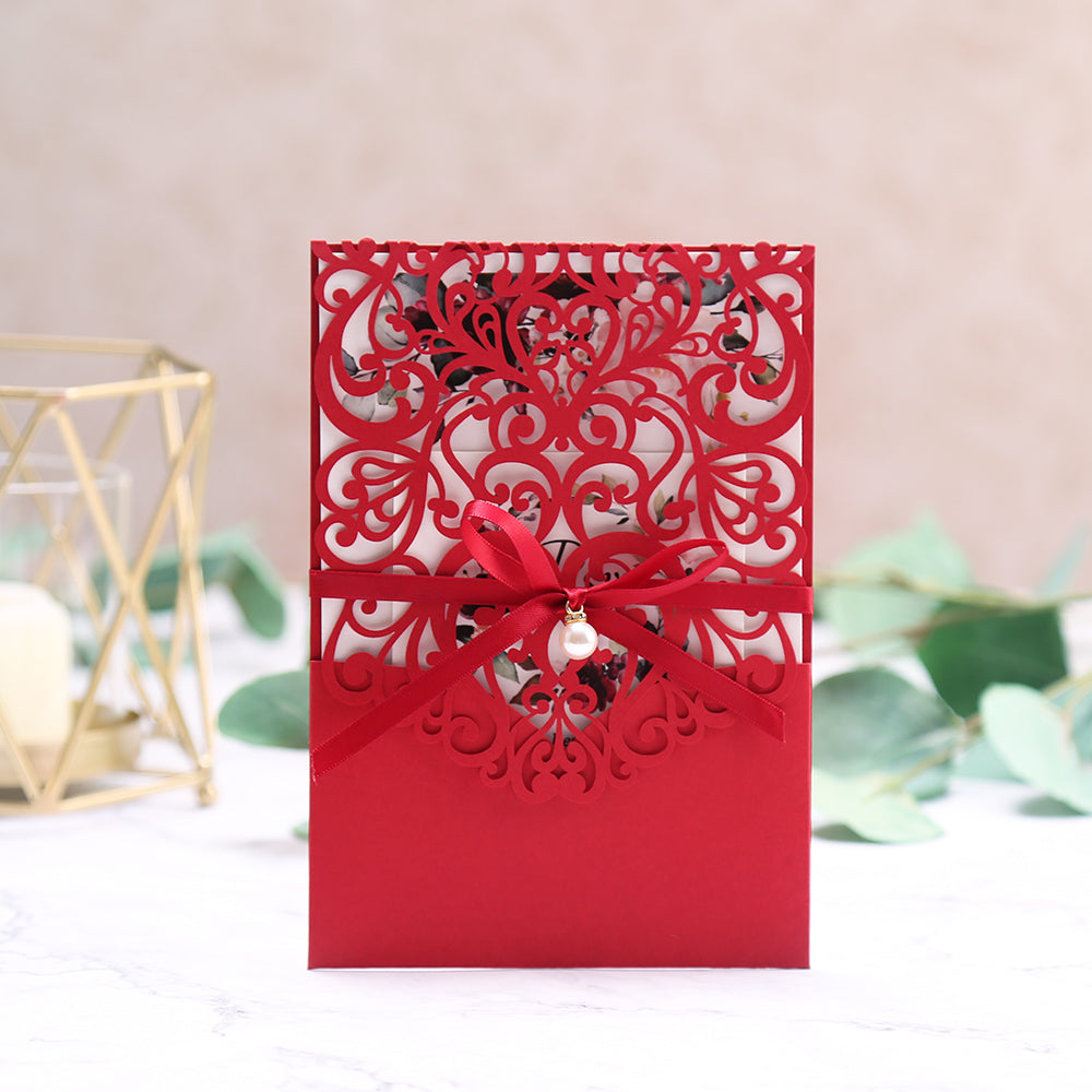 DreamBuilt Red Floral Laser cut invitation cards with ribbon belly band and pearl for Wedding