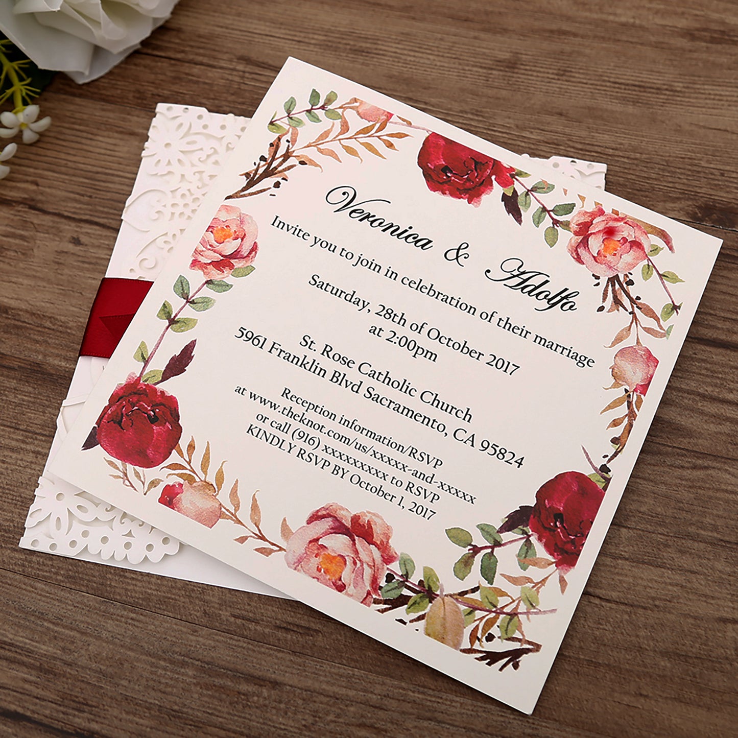 Square Invitations Cards With Burgundy Ribbon For Wedding