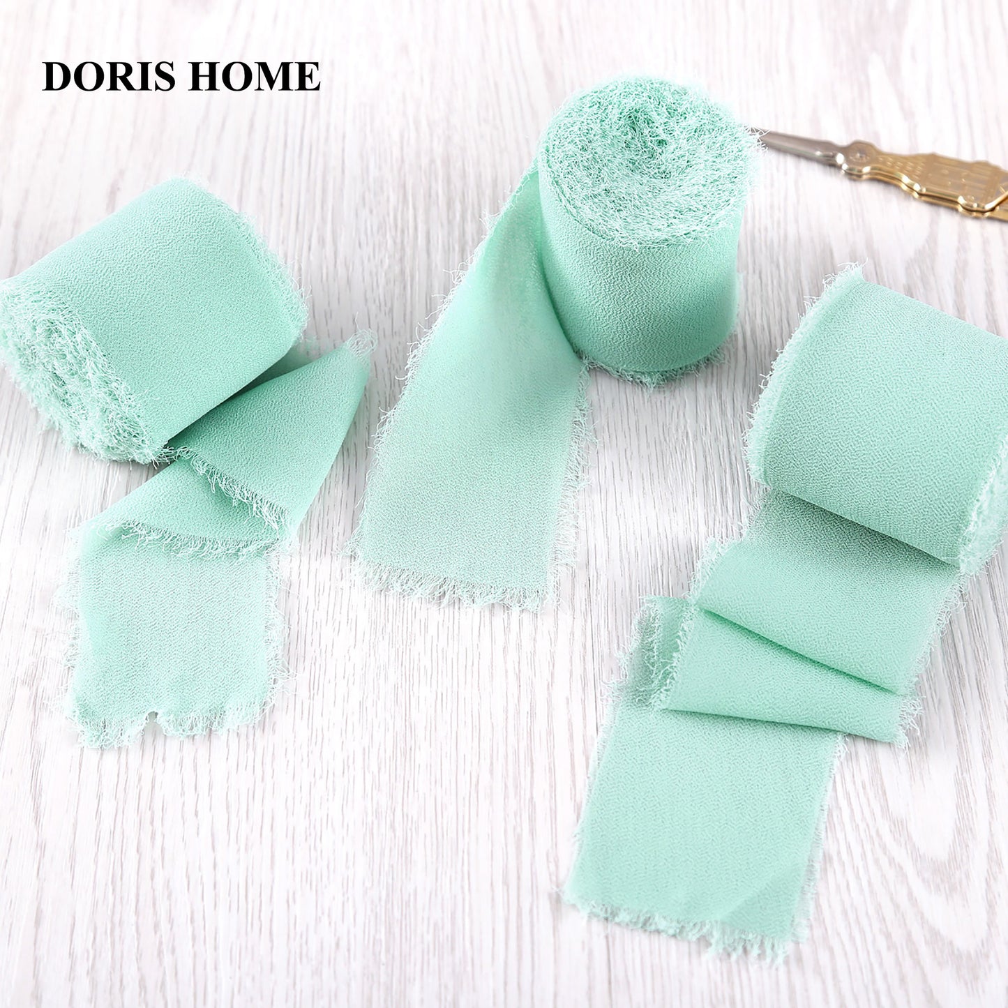 DORIS HOME Handmade Fringe Chiffon Silk-Like Ribbon 2" x 7Yd Set of 3 Rolls Ribbons for Wedding Invitations, Bouquets, Gift Wrapping (3 Rolls Mint Green)