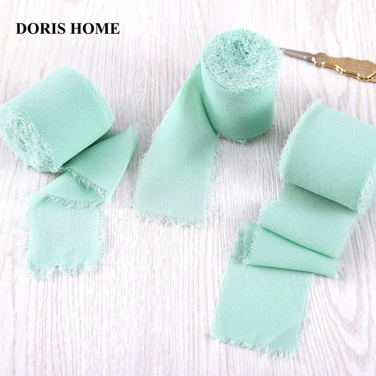 DORIS HOME Handmade Fringe Chiffon Silk-Like Ribbon 2" x 7Yd Set of 3 Rolls Ribbons for Wedding Invitations, Bouquets, Gift Wrapping (3 Rolls Mint Green)