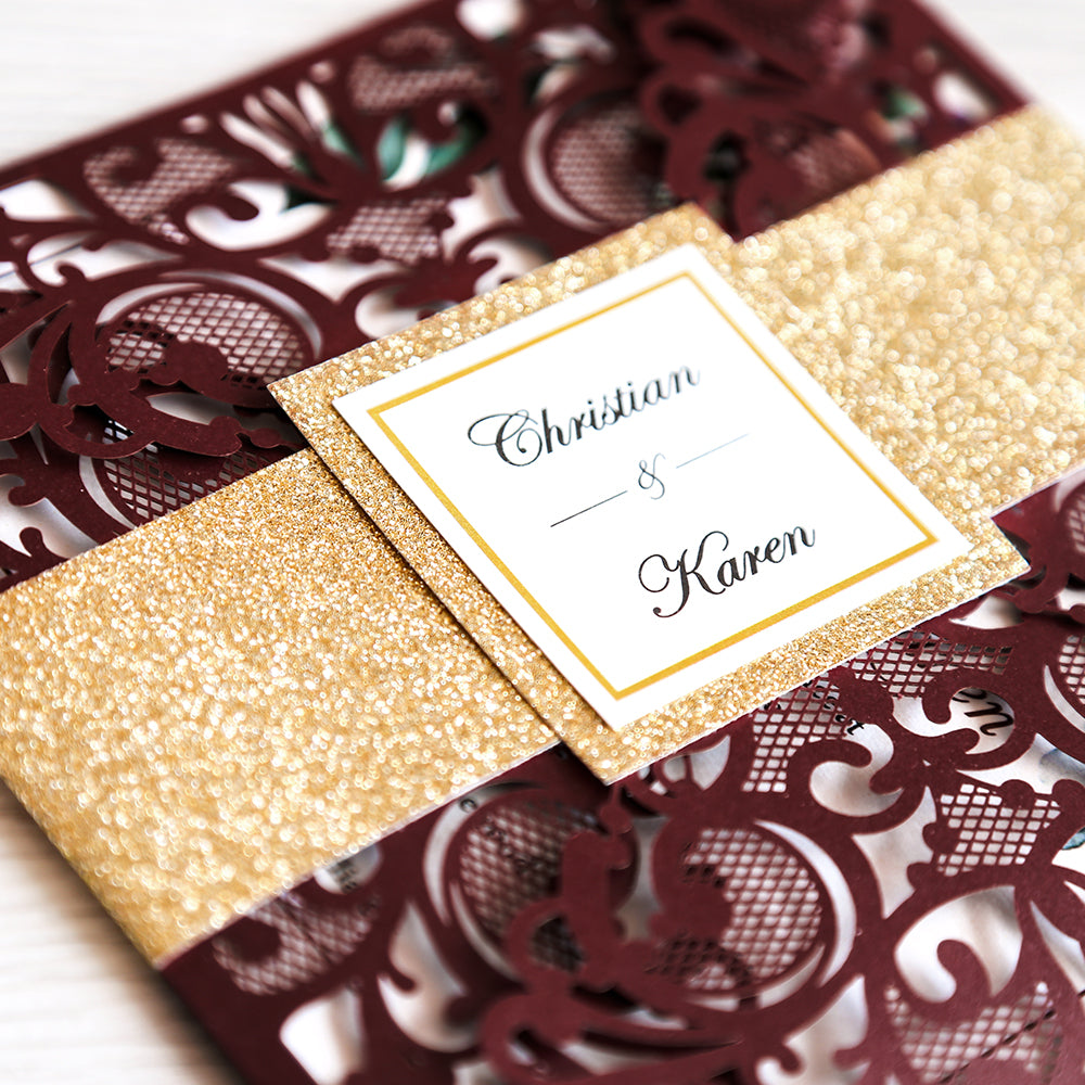 Square Burgundy Wedding Invitations with Gold Glitter Belly Band for Wedding - DorisHome