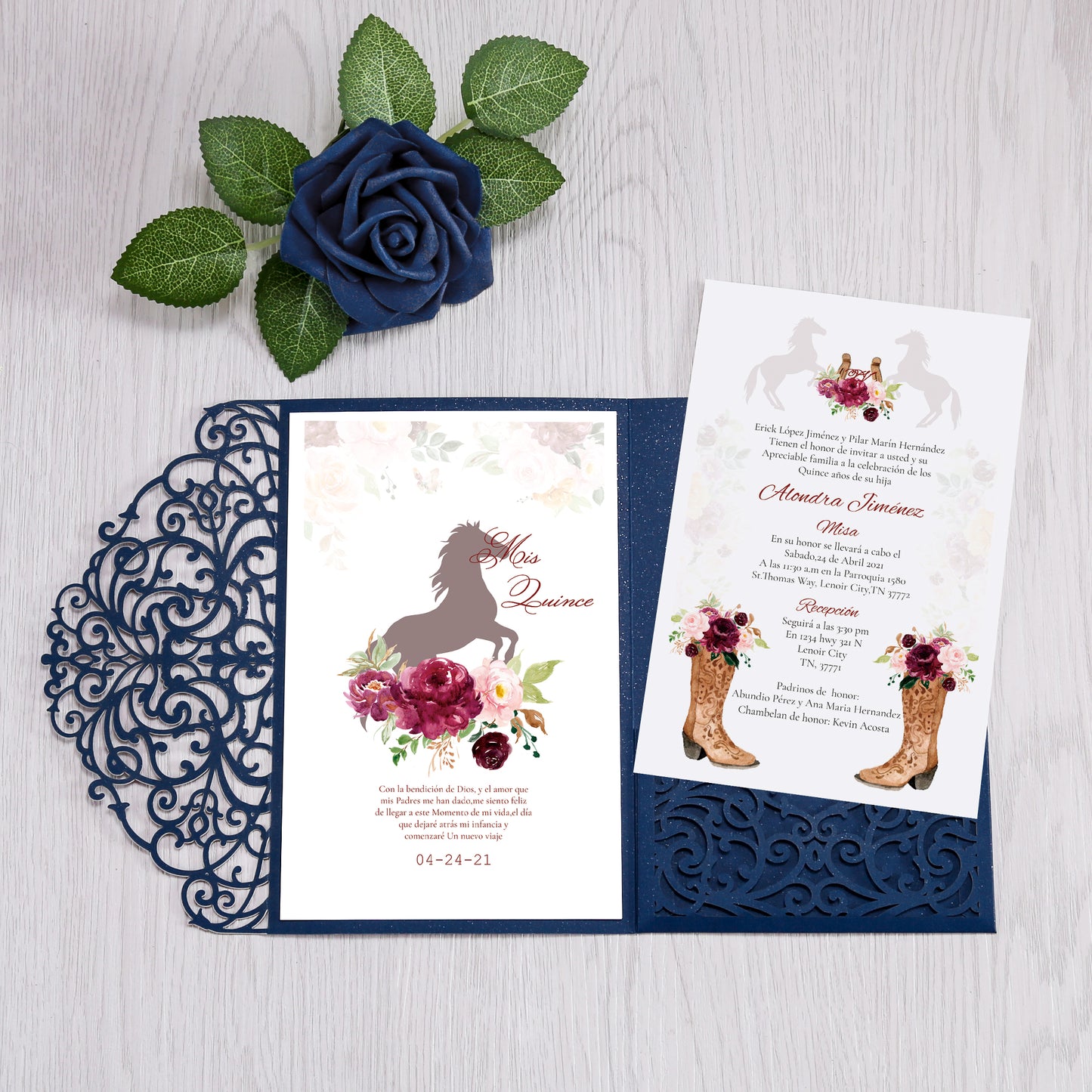 4.7 x7 inch Blue Laser Cut Hollow Rose Quinceanera Invitations Cards with Envelopes for Birthday Sweet 16